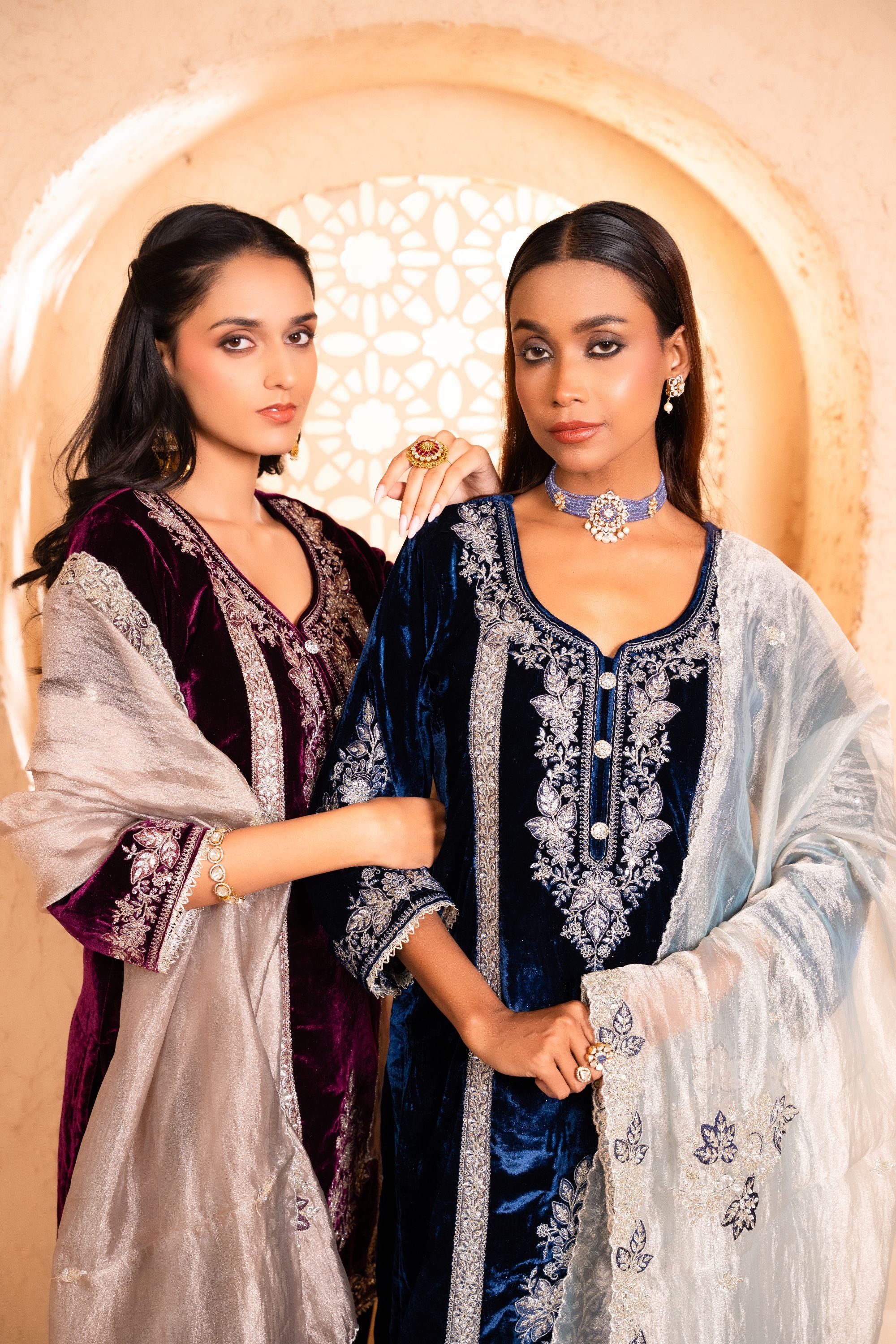 Zariya Silk Velvet Embroidered Navy Blue A-Line Suit Set