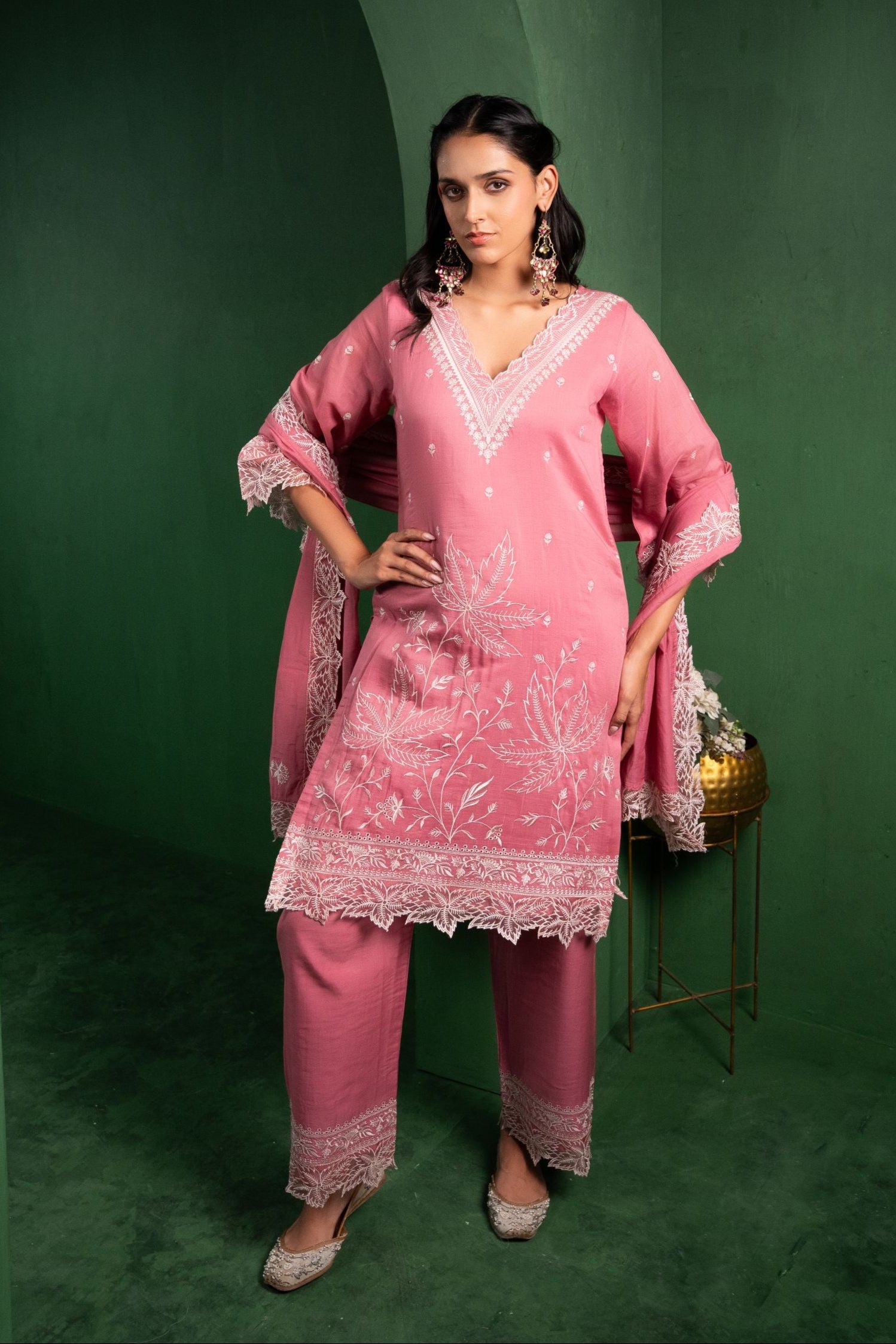 Ruh Mul Chanderi Embroidered Baby Pink A-Line Suit Set