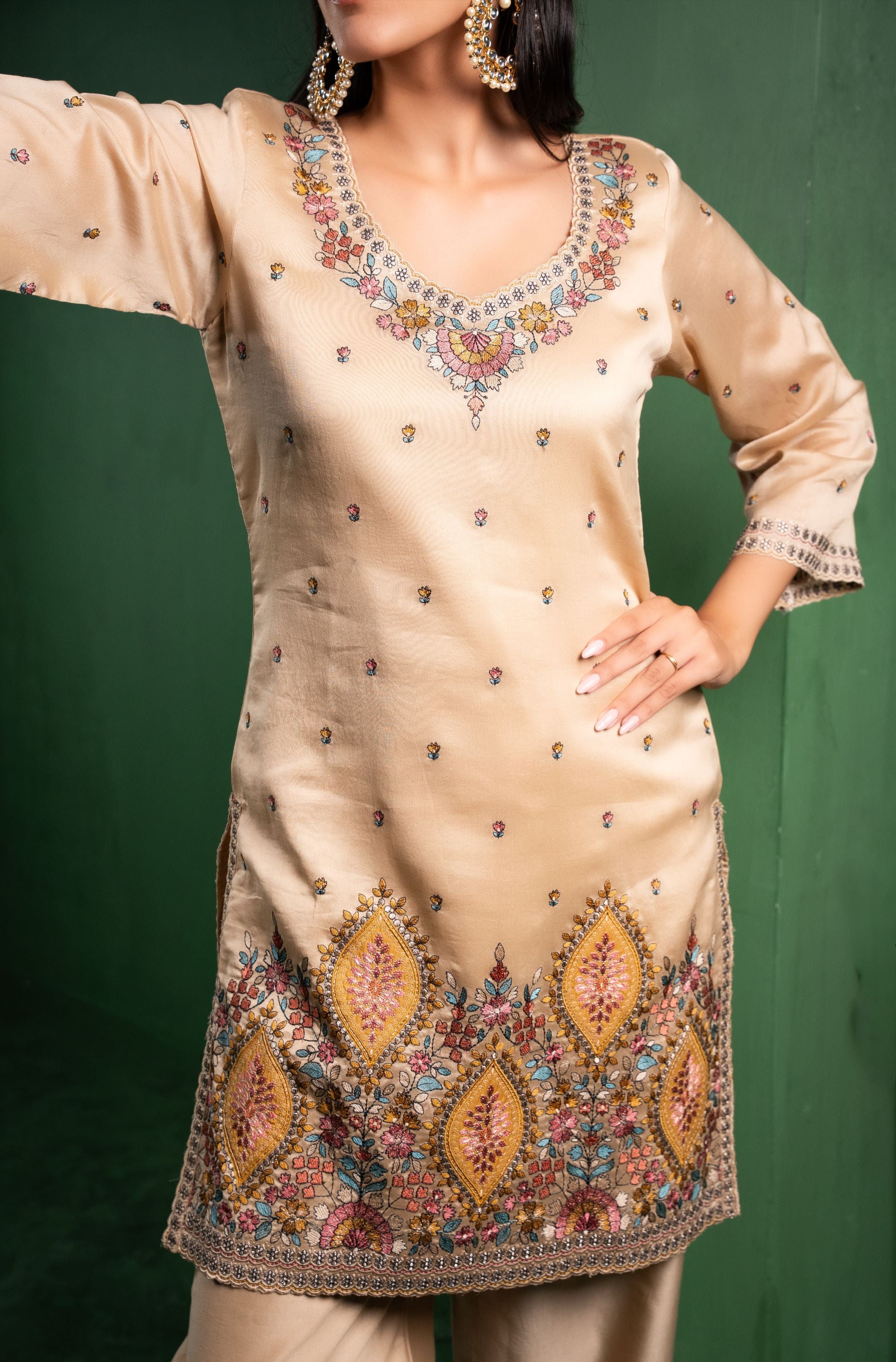 Meher Silk Chanderi Embroidered Beige A-Line Suit Set