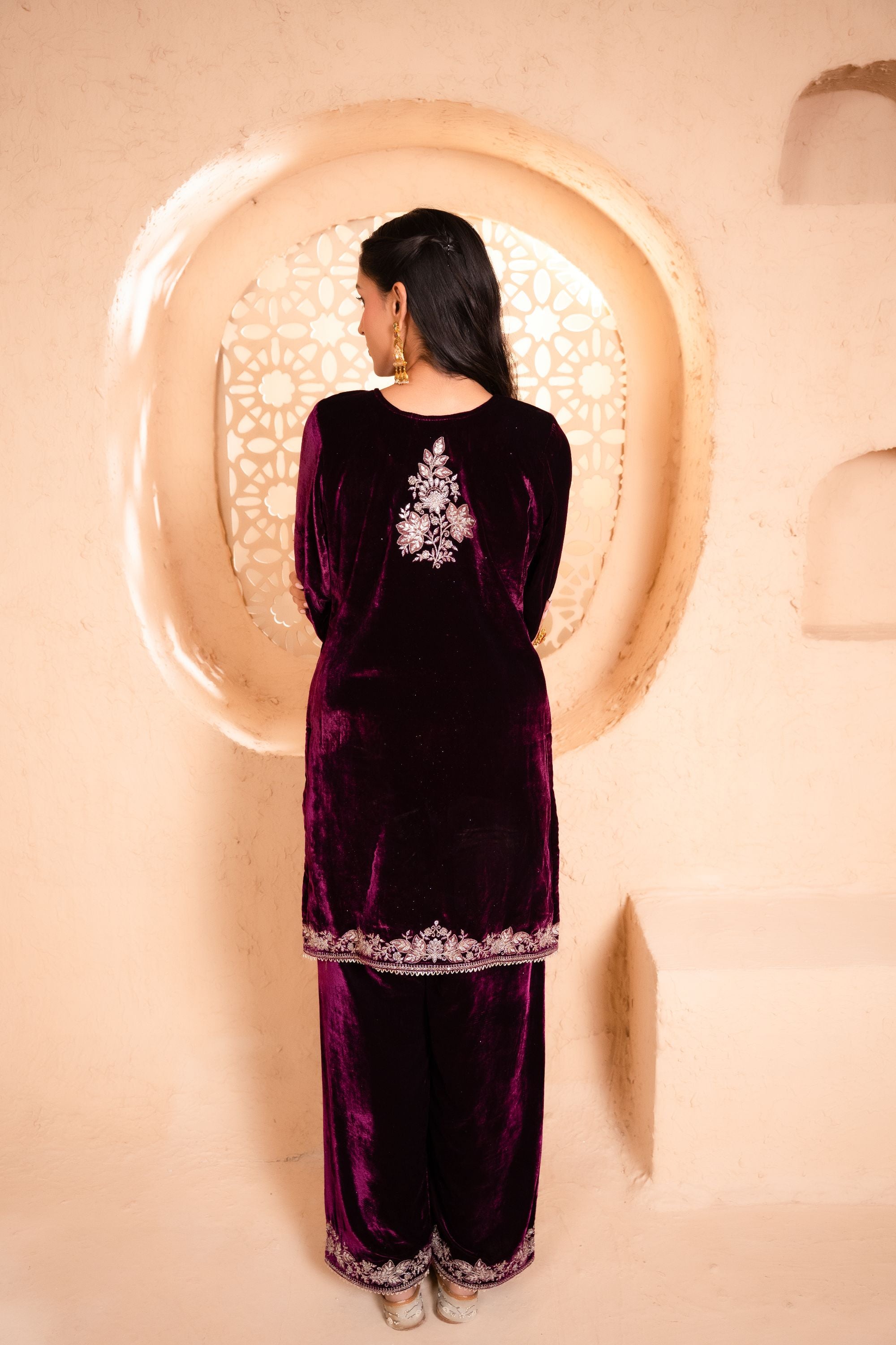 Zariya Silk Velvet Embroidered Wine A-Line Suit Set