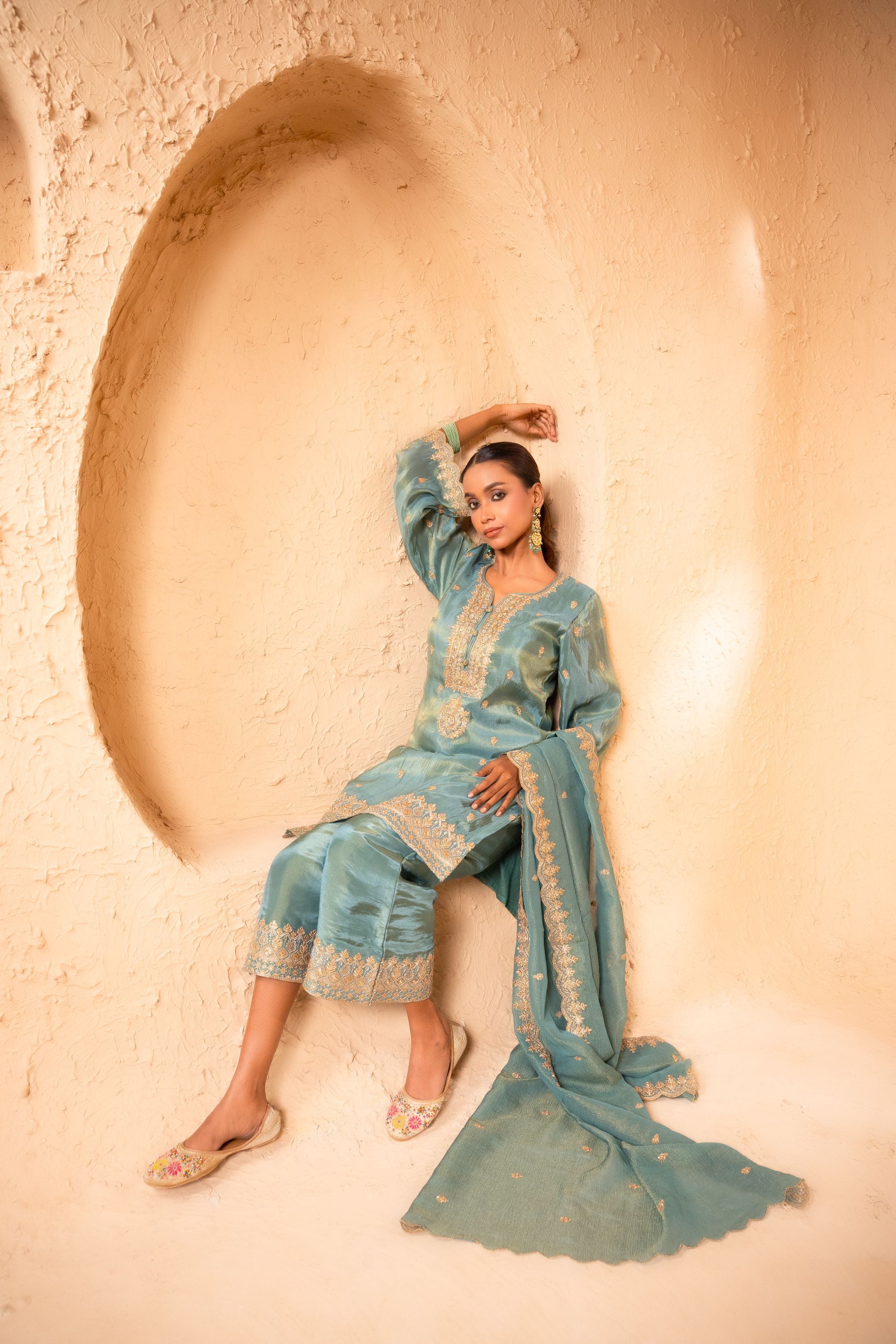 Leher Tissue Embroidered Sky Blue A-Line Suit Set