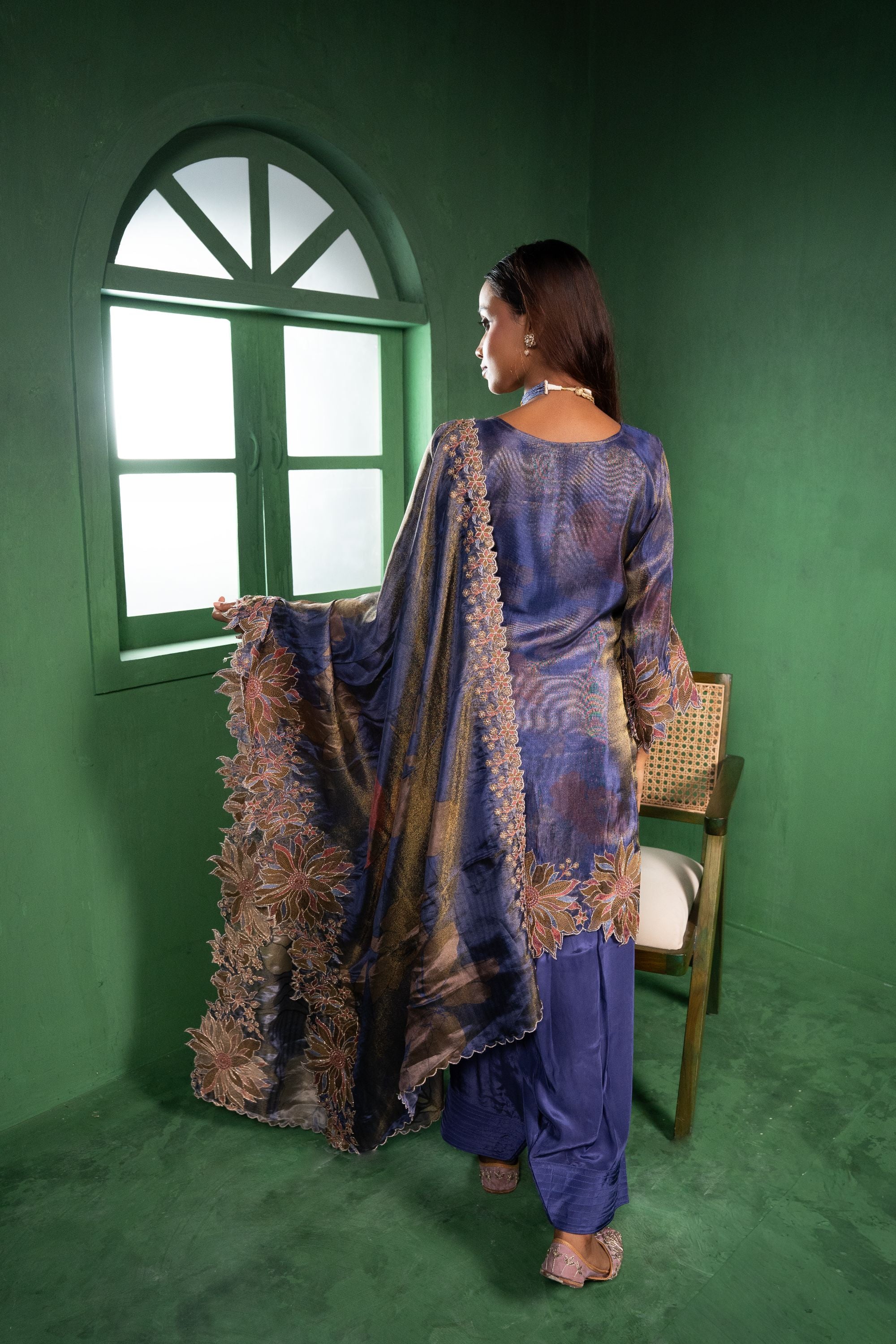 Aas Tissue Embroidered Violet A-Line Kurta with Farsi Salwar