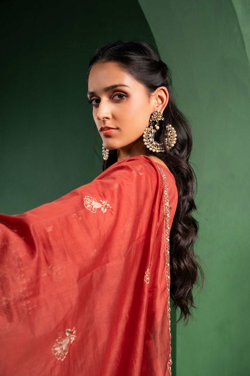 Noor Chanderi Embroidered Rust A-Line Suit Set