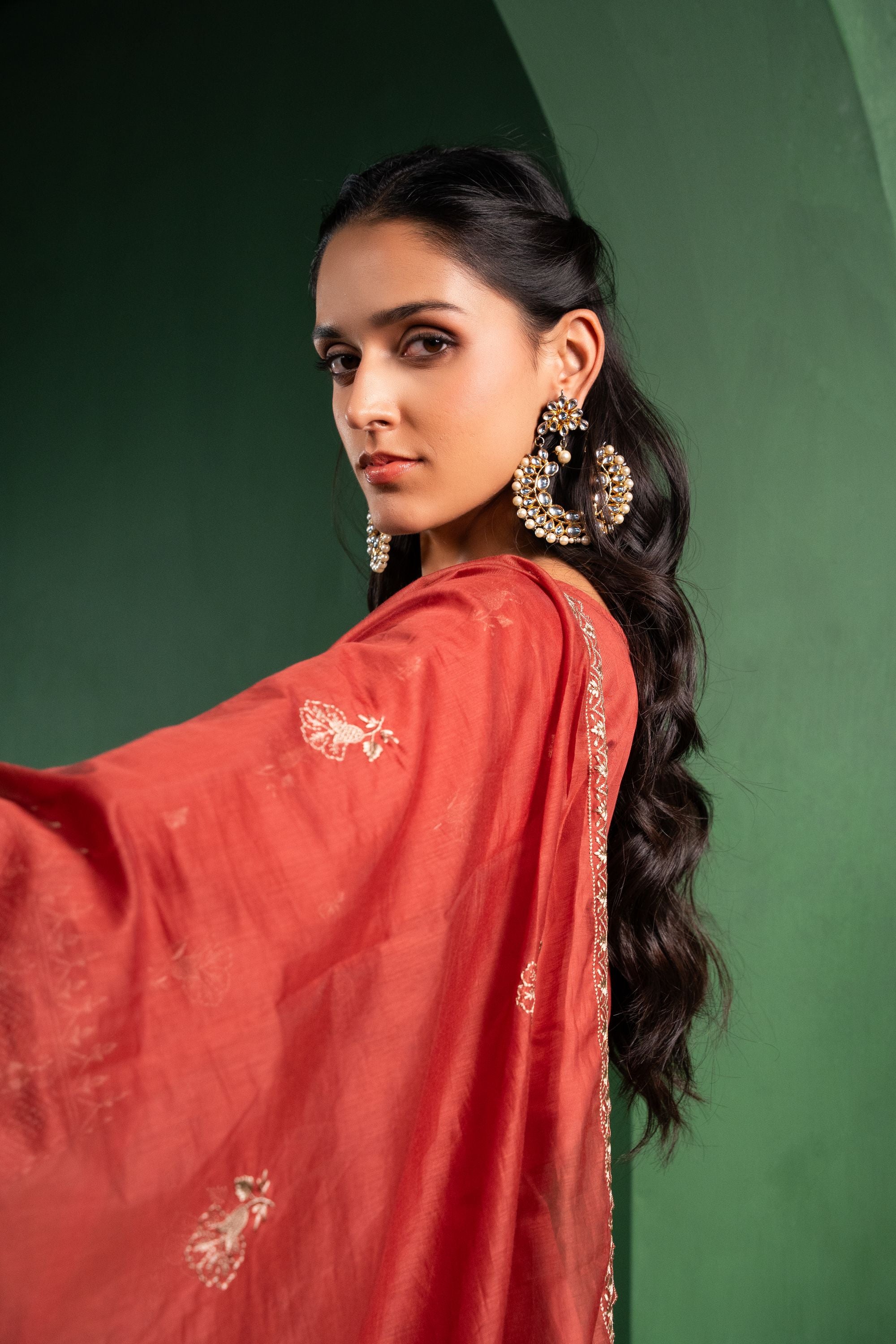 Noor Chanderi Embroidered Rust A-Line Suit Set