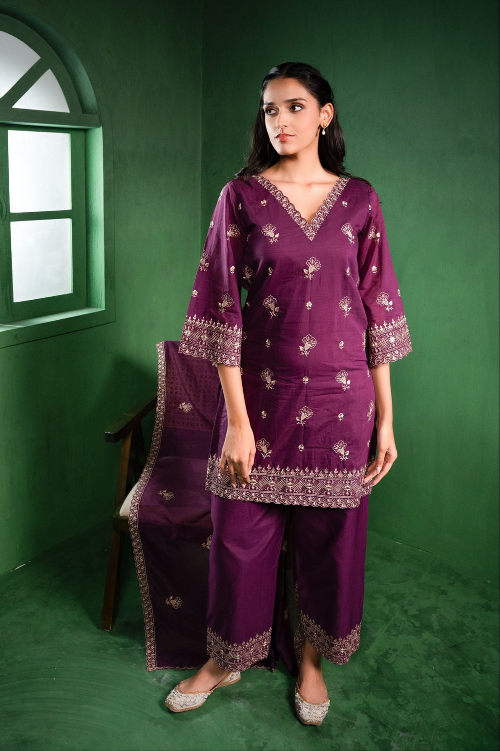 Noor Chanderi Embroidered Burgundy A-Line Suit Set