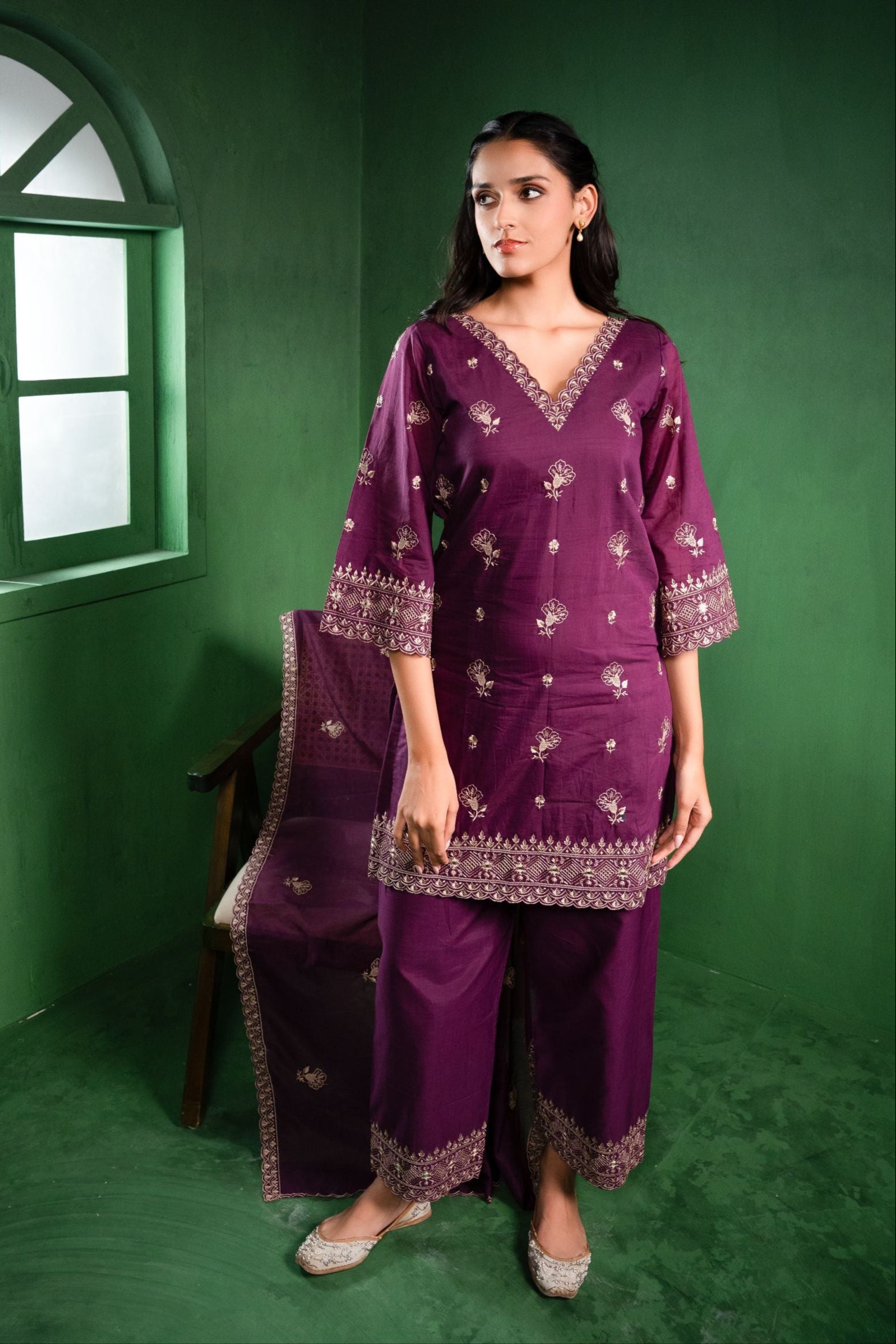 Noor Chanderi Embroidered Burgundy A-Line Suit Set