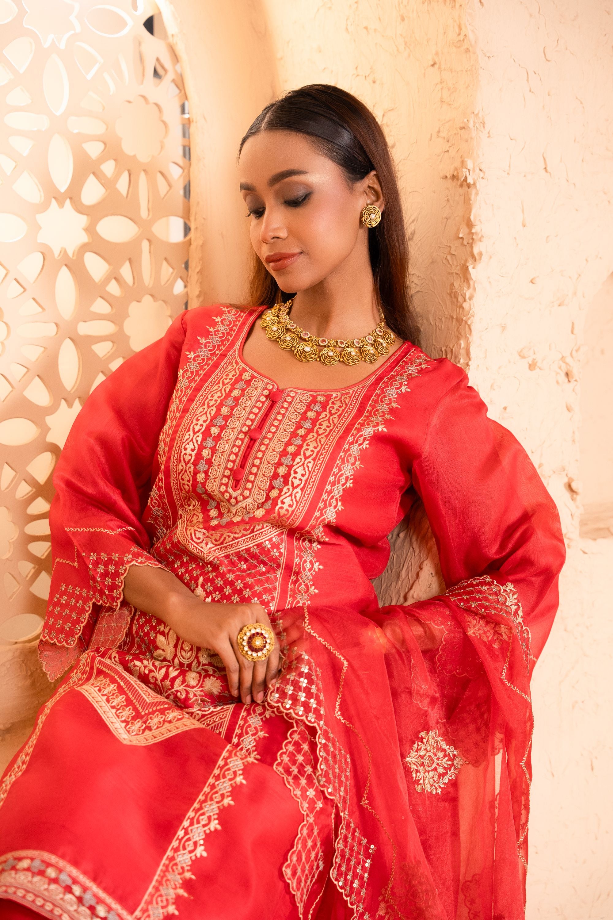 Sanjh Chanderi Embroidered Red A-Line Suit Set