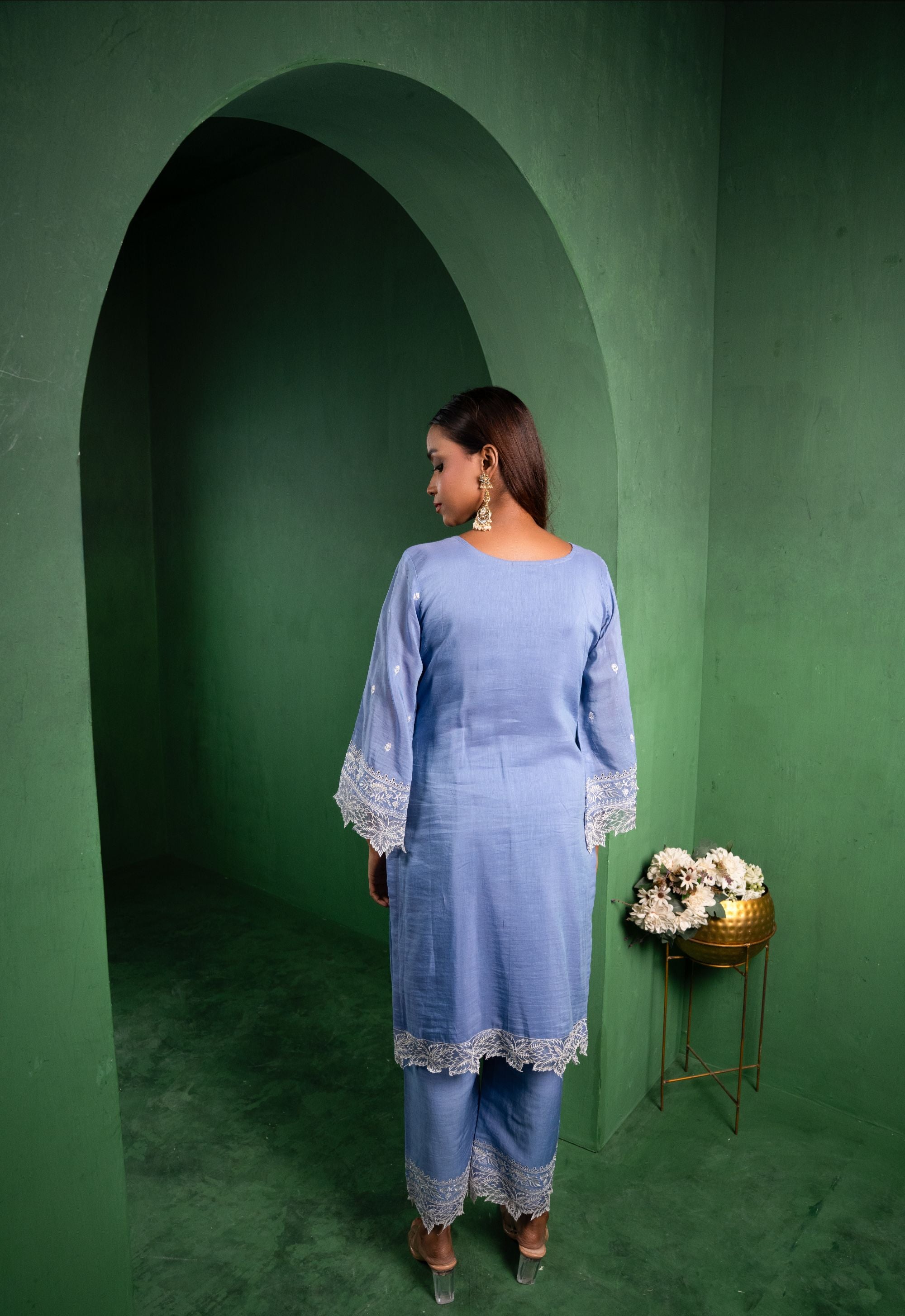 Ruh Mul Chanderi Embroidered Periwinkle A-Line Suit Set