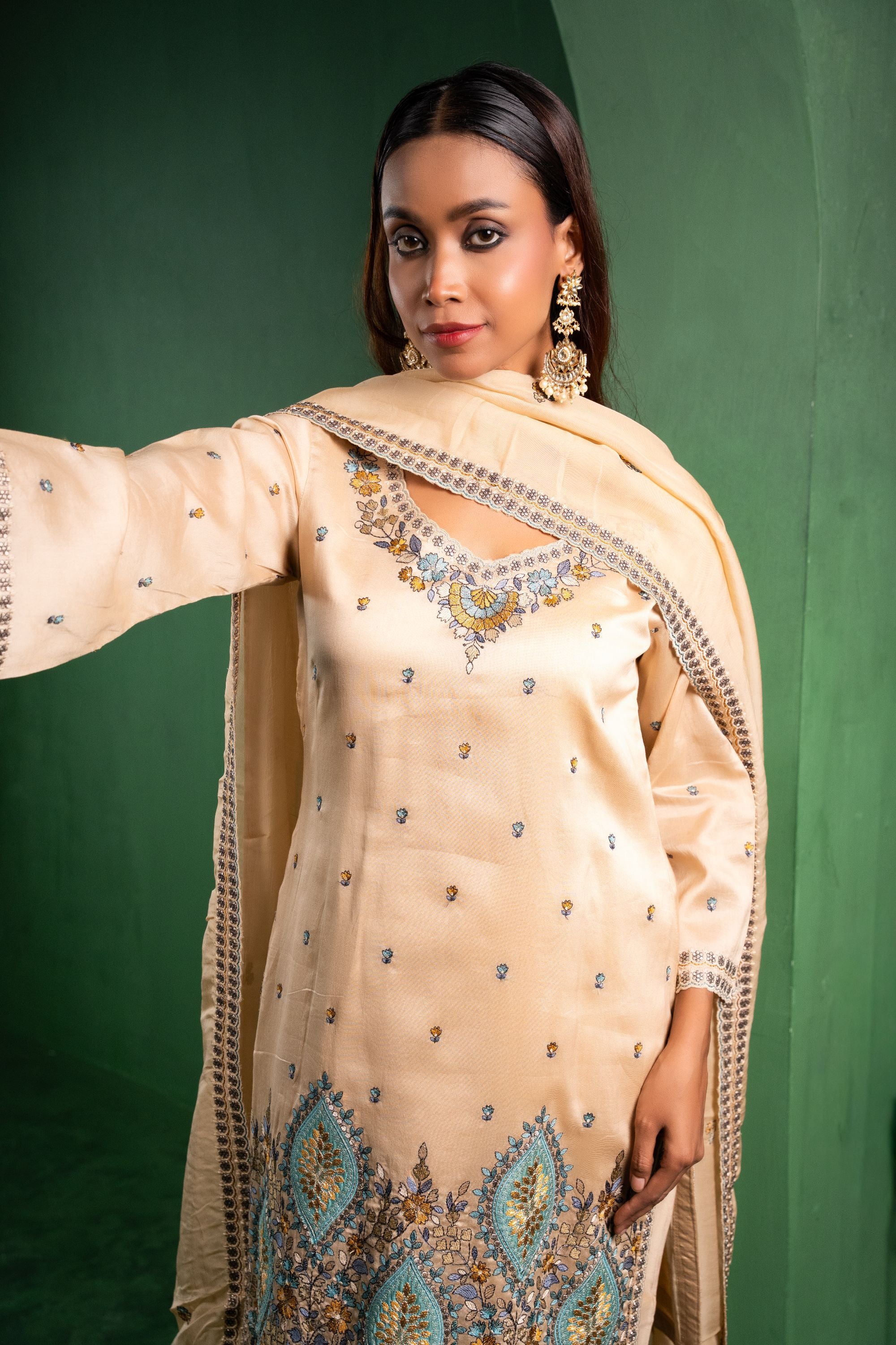 Meher Silk Chanderi Embroidered Beige A-Line Suit Set