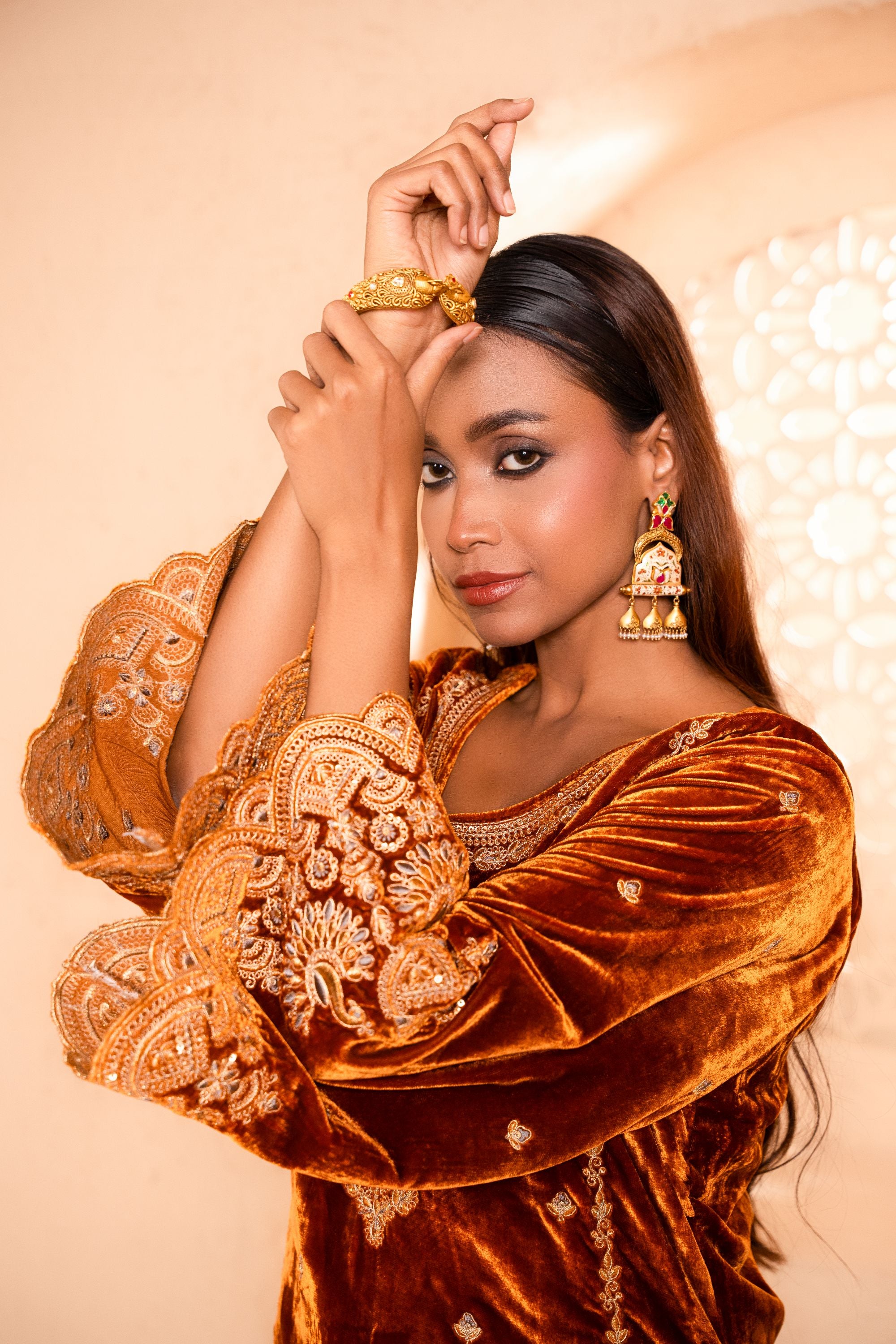 Saaz Silk Velvet Embroidered Rust A-Line Suit Set