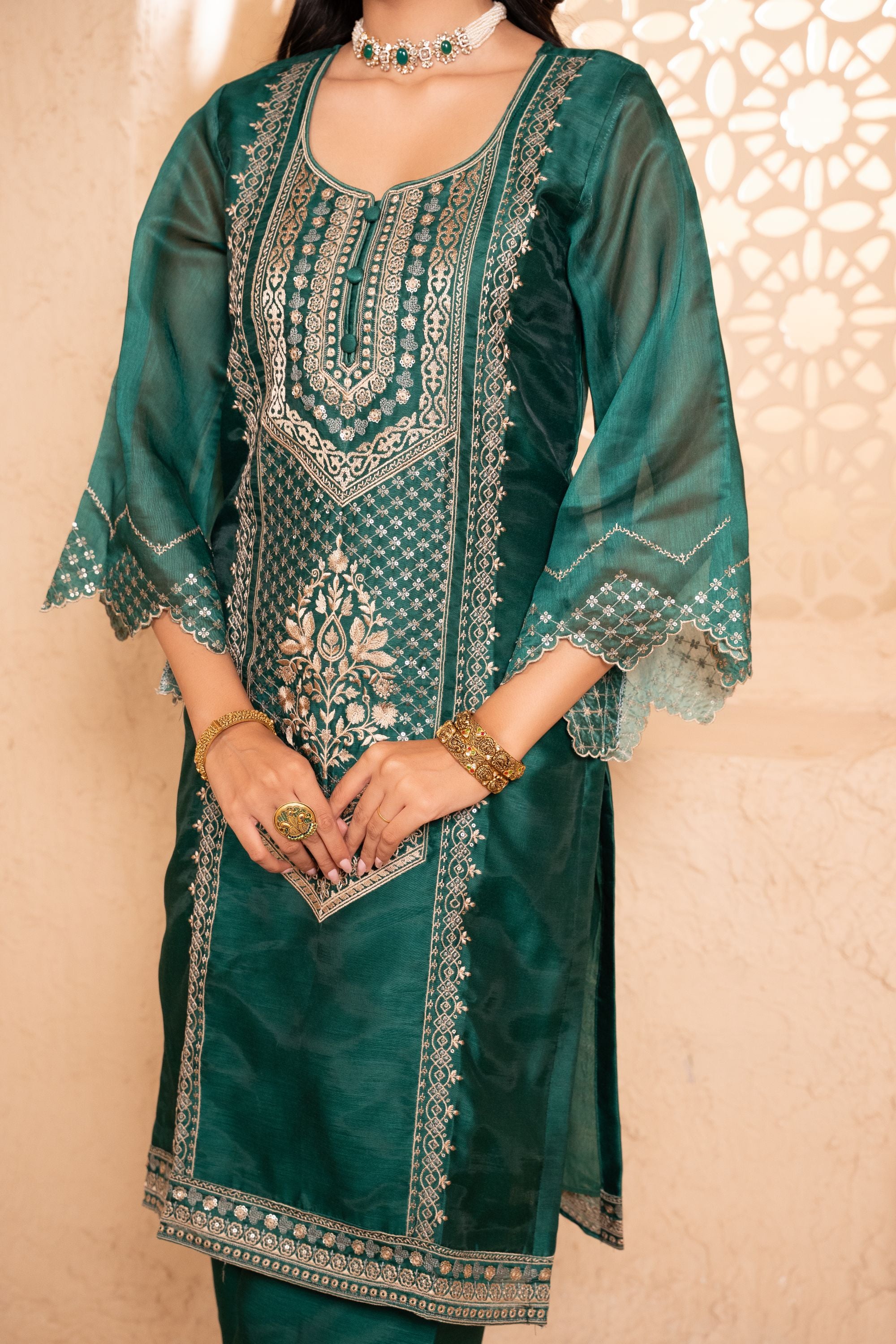 Sanjh Chanderi Embroidered Emerald A-Line Suit Set