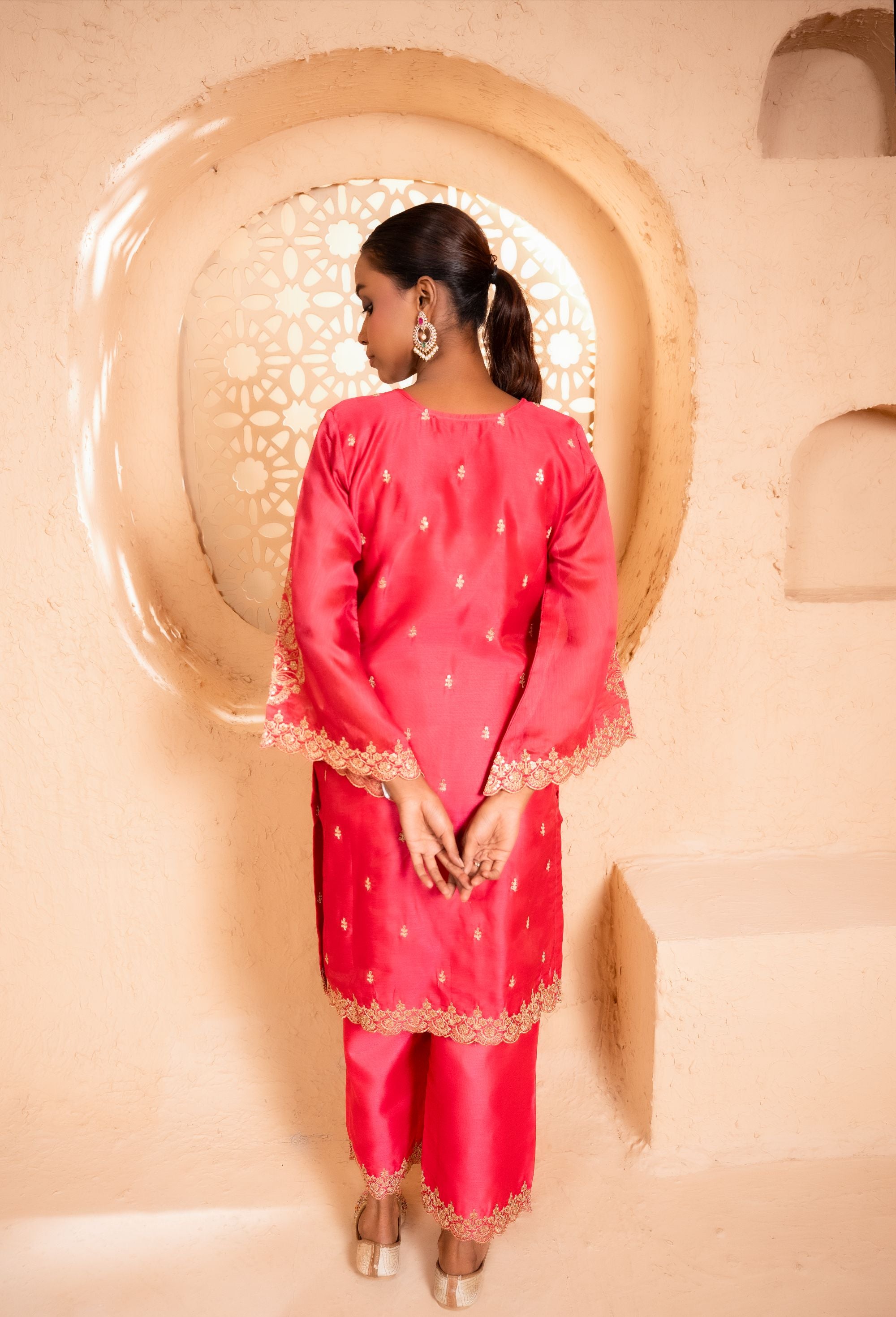Khwaab Chanderi Embroidered Bright Pink A-Line Suit Set