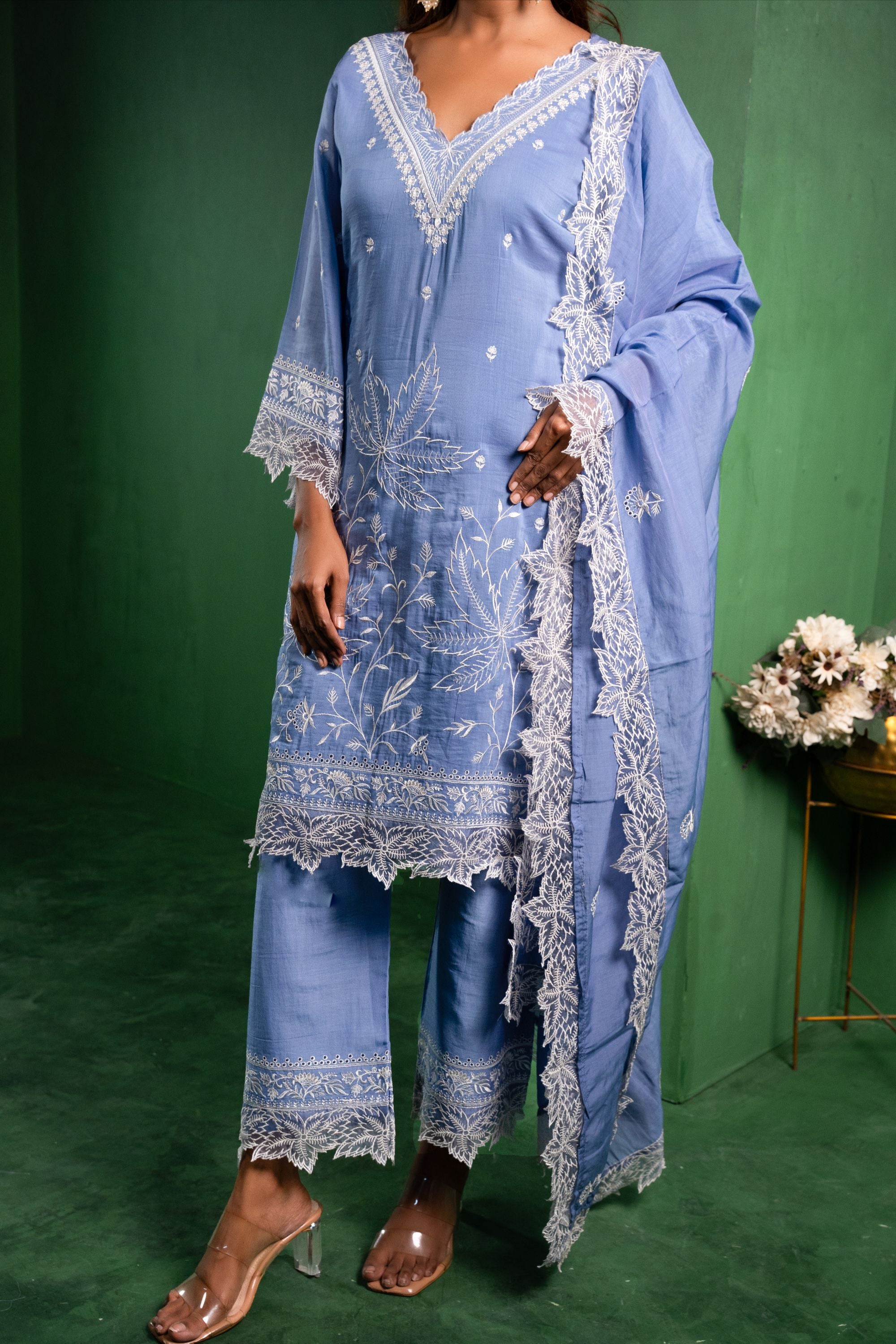 Ruh Mul Chanderi Embroidered Periwinkle A-Line Suit Set