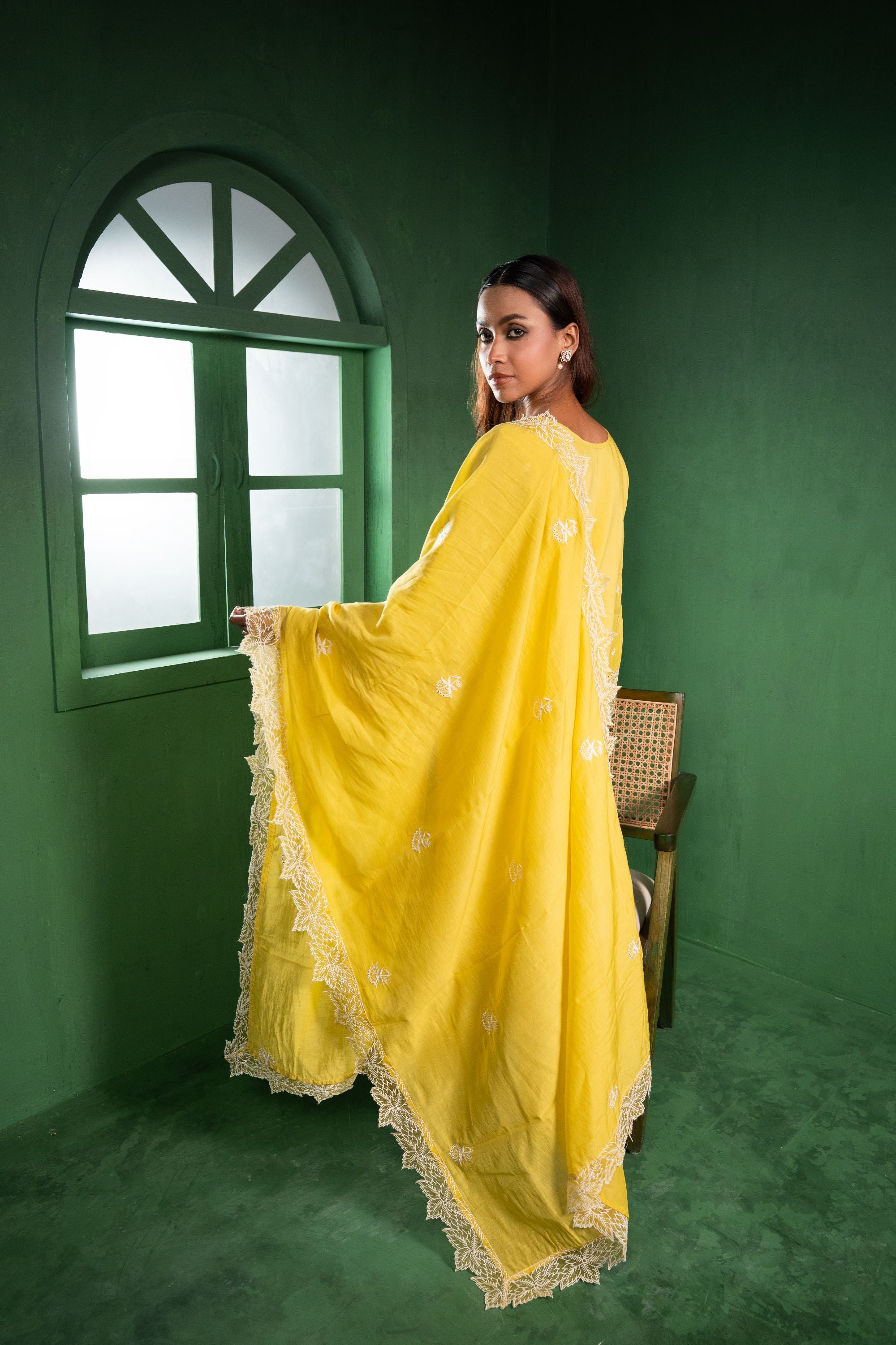Ruh Mul Chanderi Embroidered Yellow A-Line Suit Set