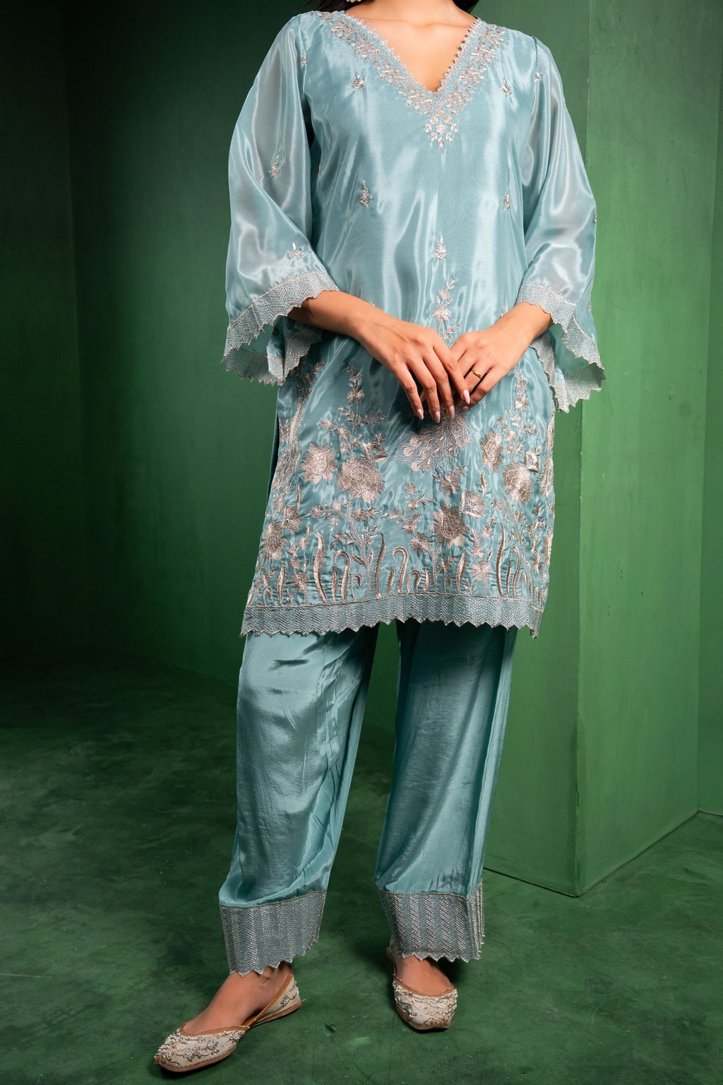 Rang Organza Embroidered Cadet Blue A-Line Kurta with Farsi Salwar