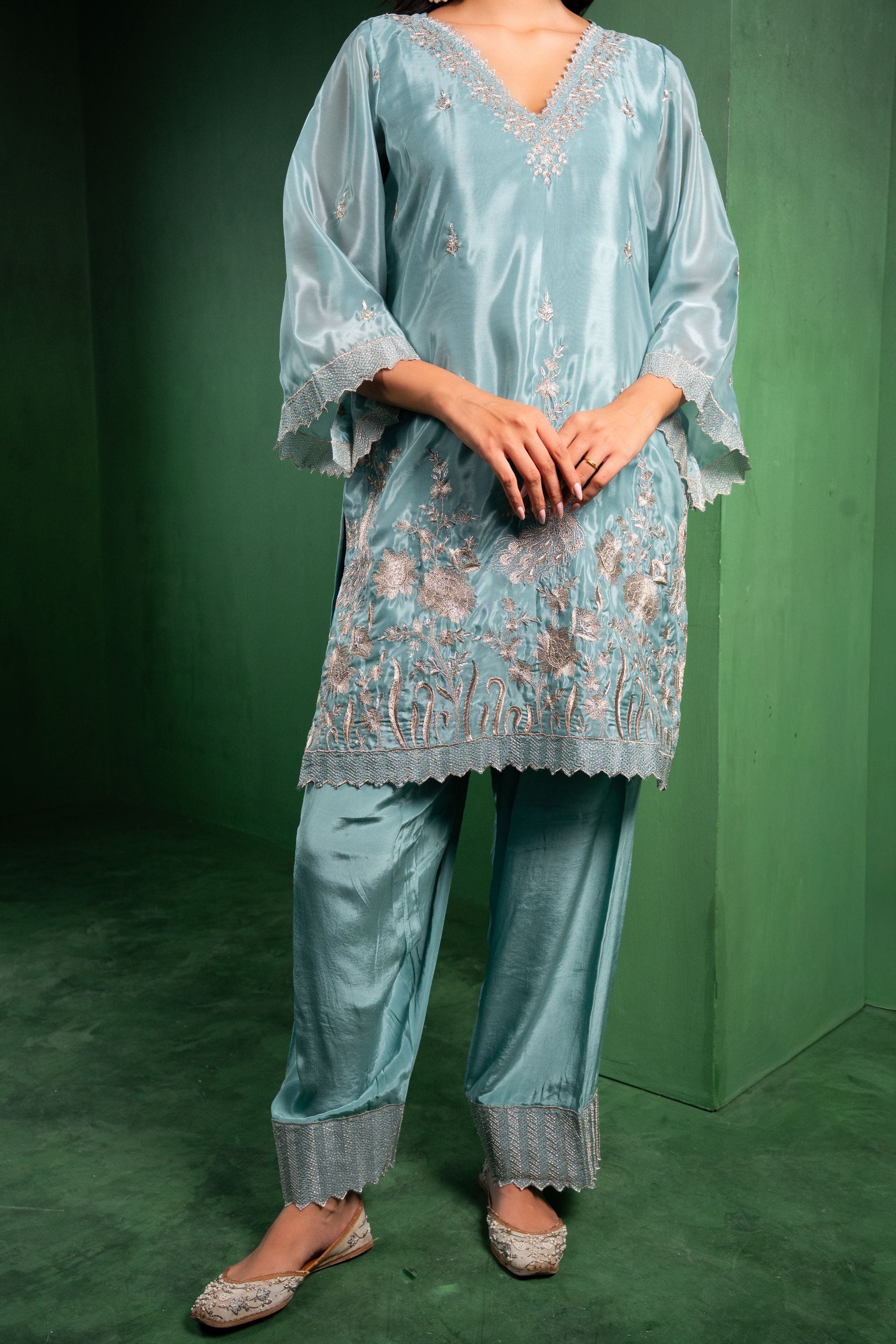 Rang Organza Embroidered Cadet Blue A-Line Kurta with Farsi Salwar