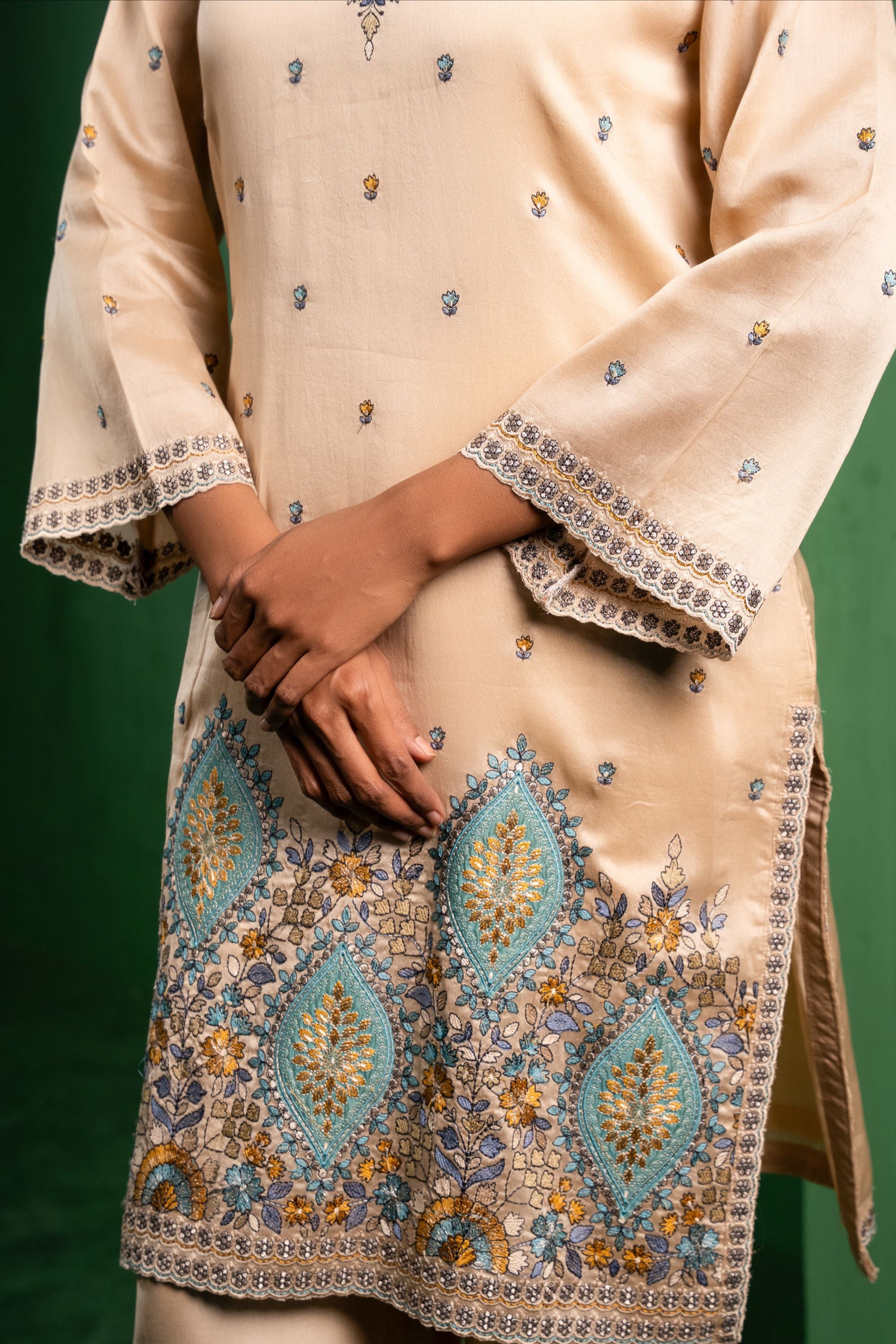 Meher Silk Chanderi Embroidered Beige A-Line Suit Set