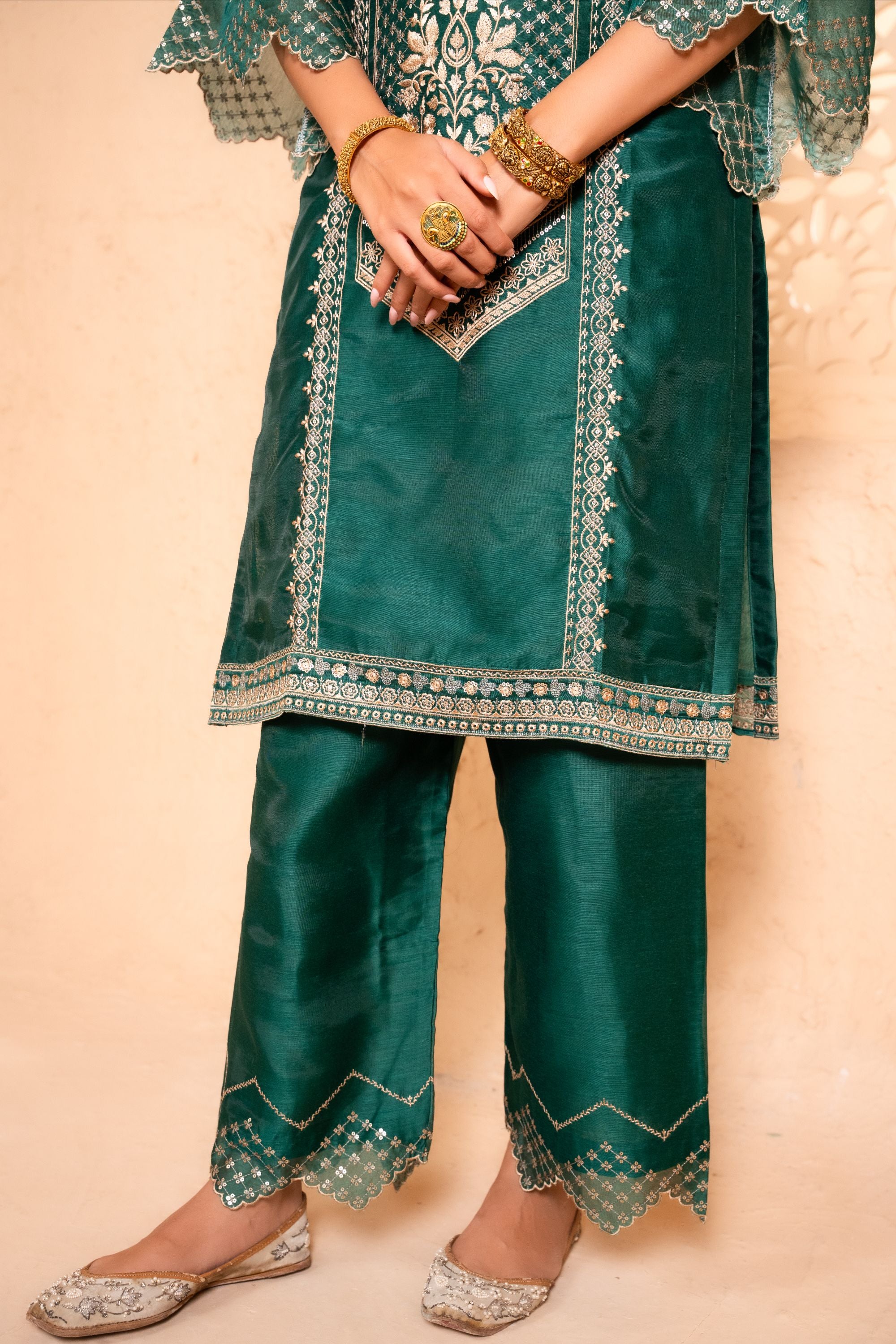 Sanjh Chanderi Embroidered Emerald A-Line Suit Set
