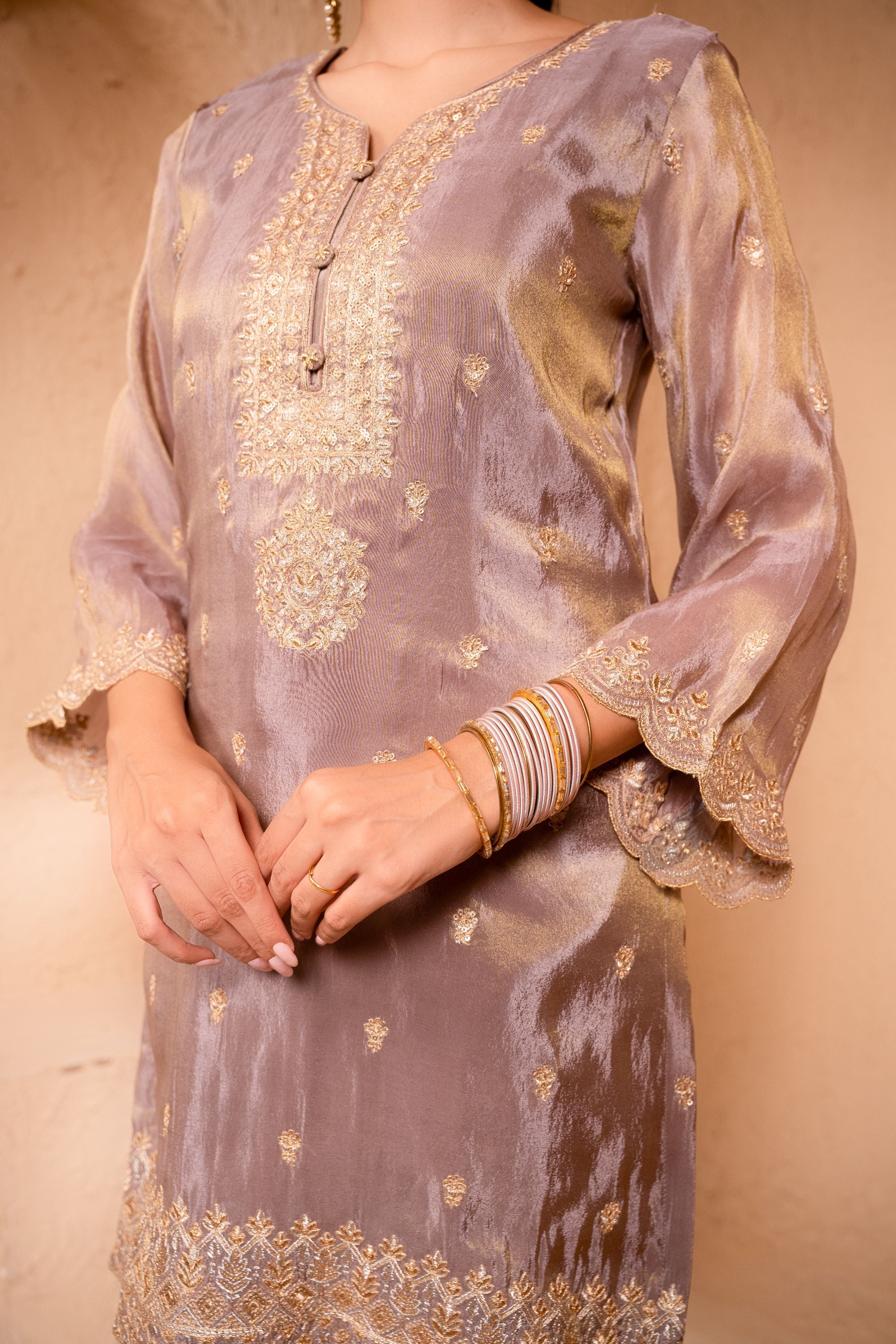 Leher Tissue Embroidered Lavender A-Line Suit Set