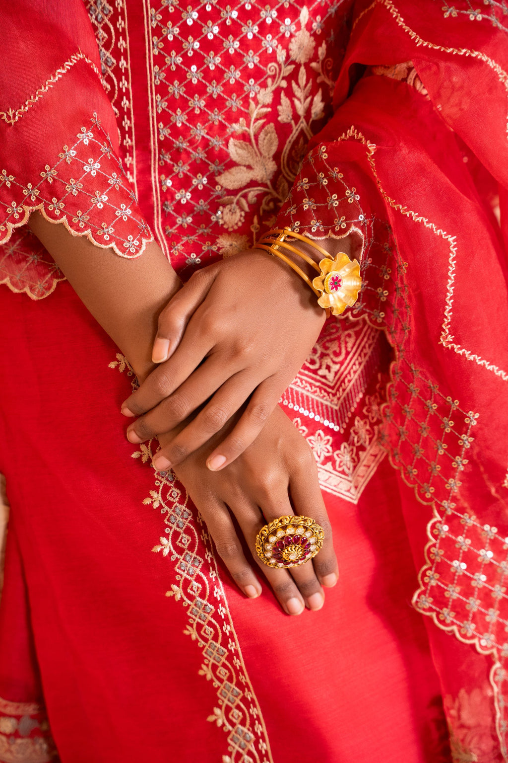 Sanjh Chanderi Embroidered Red A-Line Suit Set