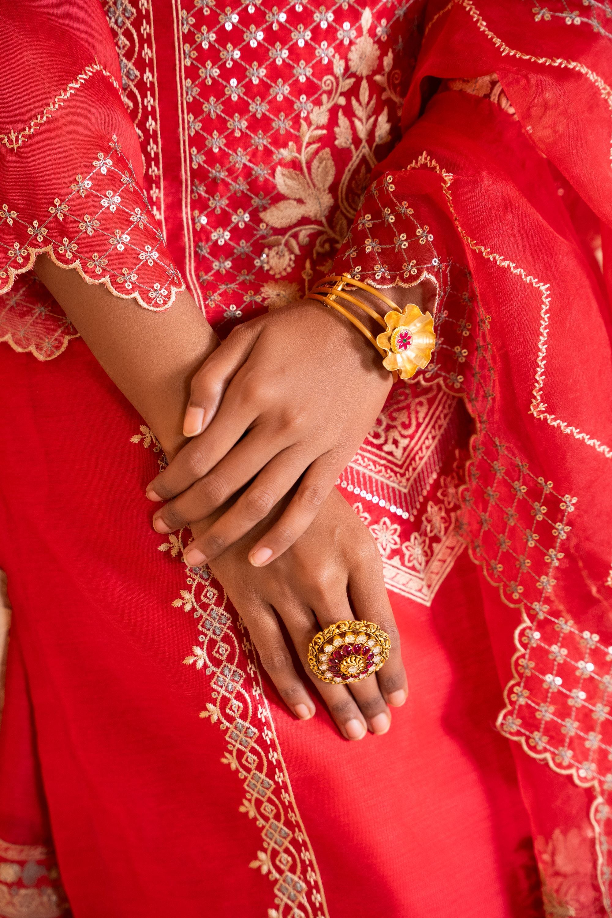 Sanjh Chanderi Embroidered Red A-Line Suit Set
