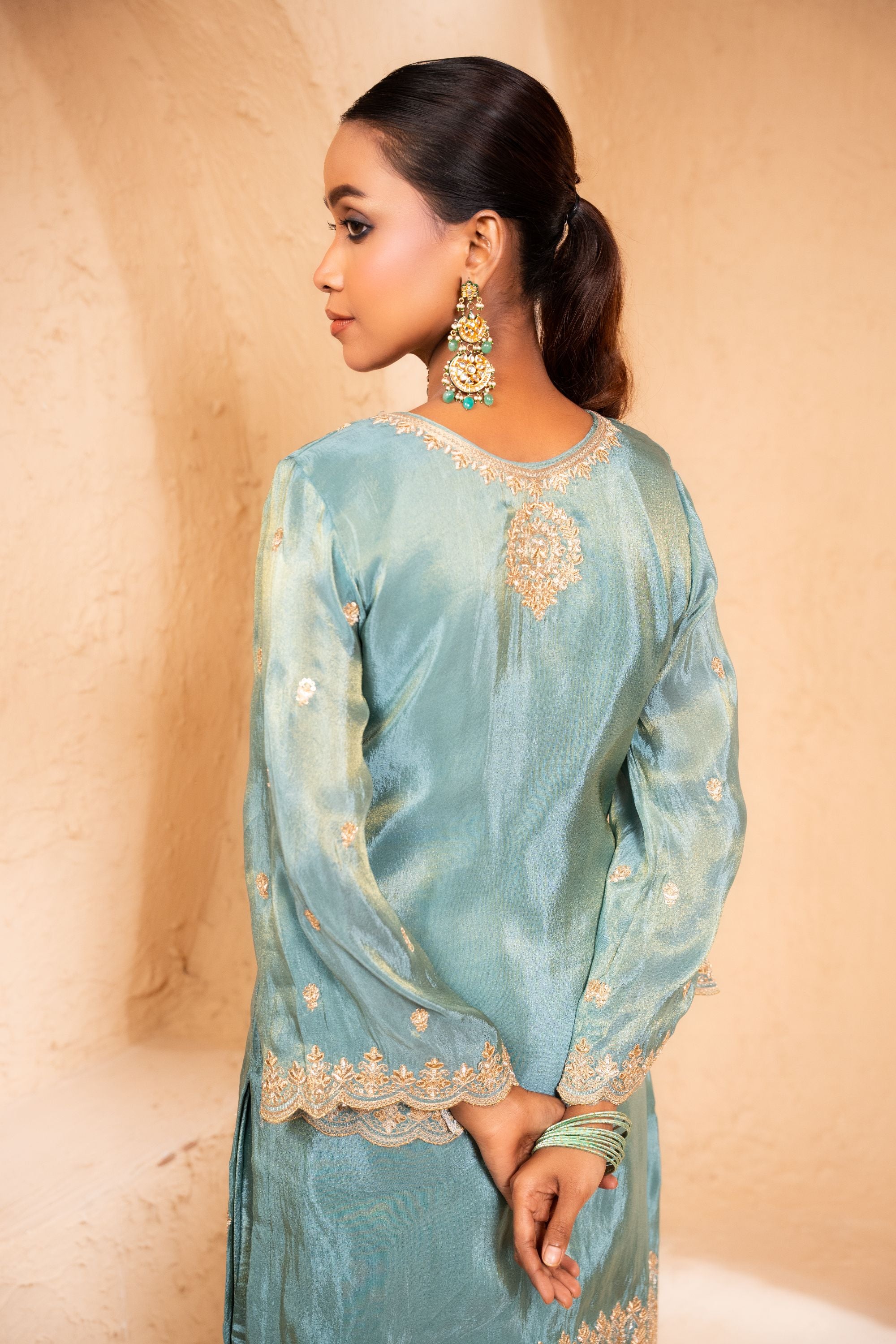 Leher Tissue Embroidered Sky Blue A-Line Suit Set