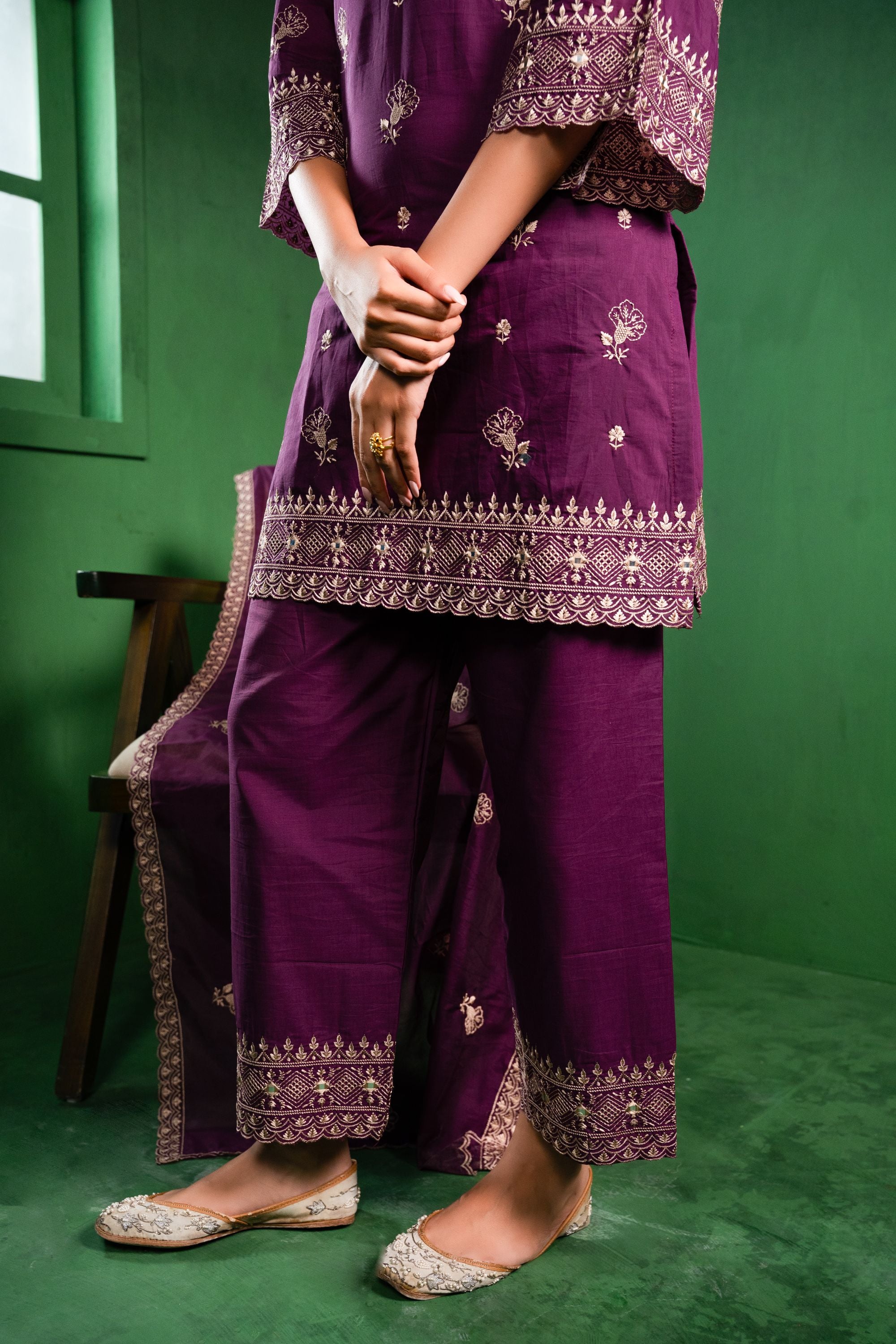 Noor Chanderi Embroidered Burgundy A-Line Suit Set