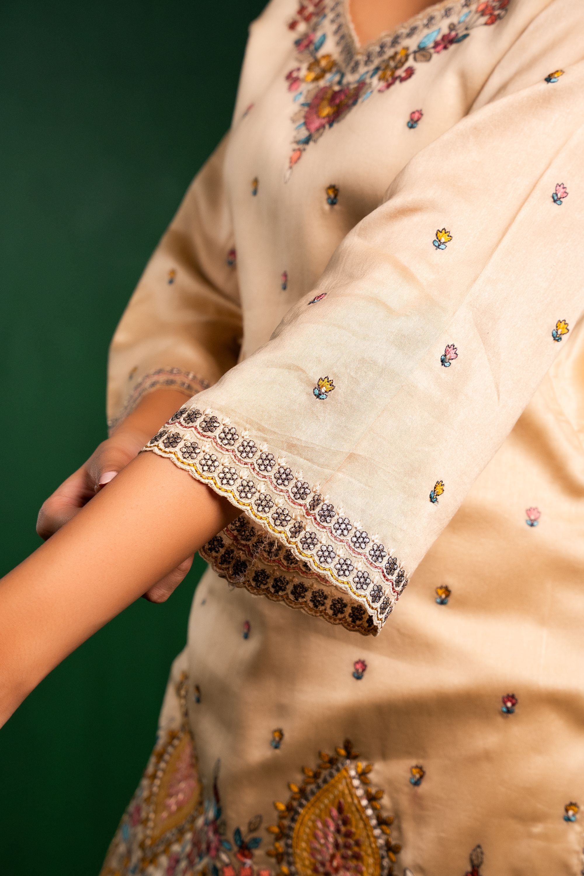 Meher Silk Chanderi Embroidered Beige A-Line Suit Set