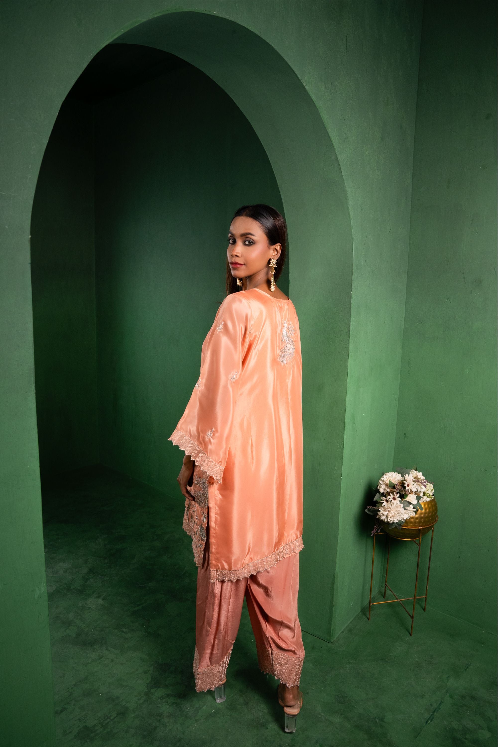 Rang Organza Embroidered Peach A-Line Kurta with Farsi Salwar