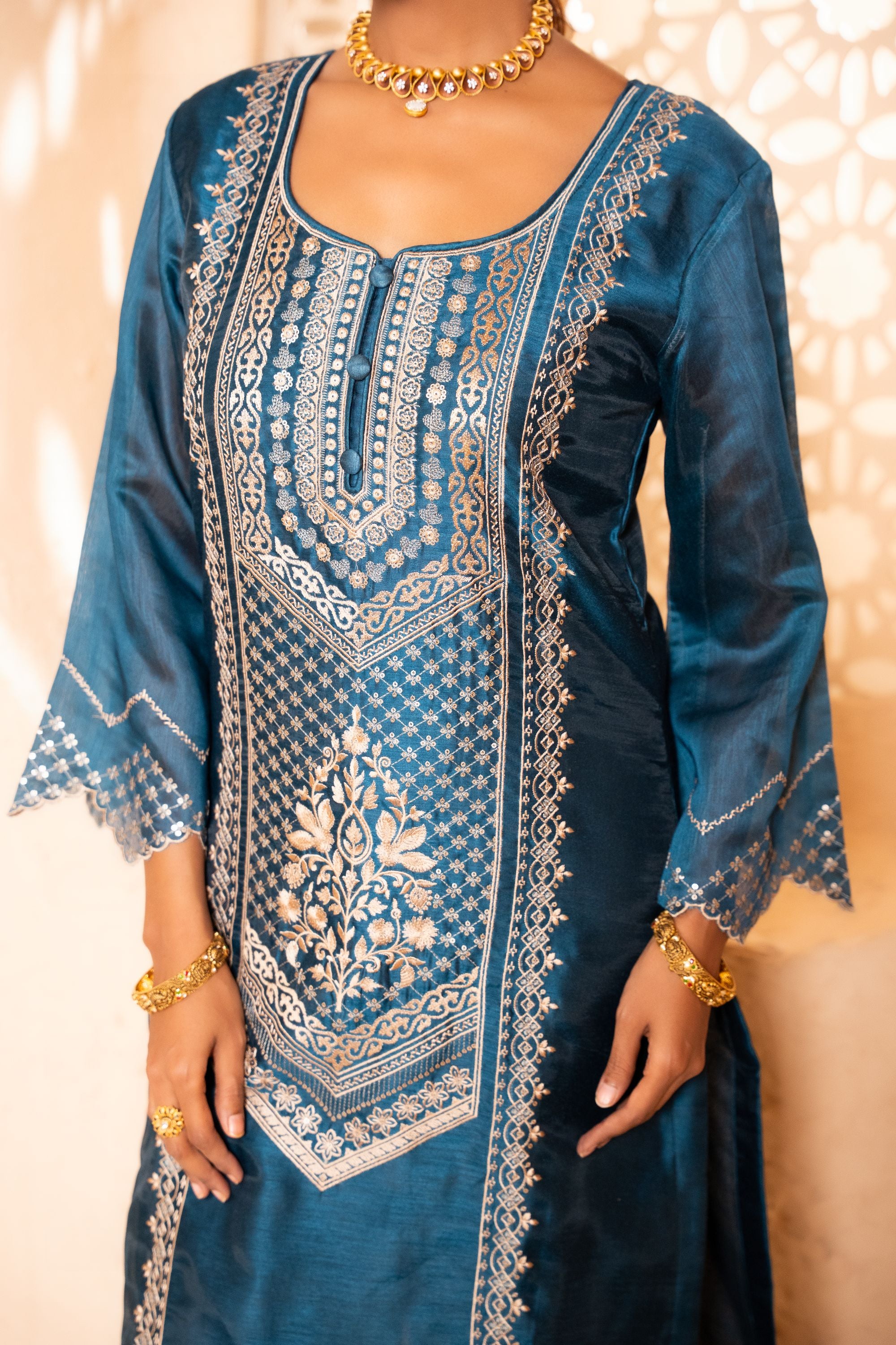 Sanjh Chanderi Embroidered Navy Blue A-Line Suit Set