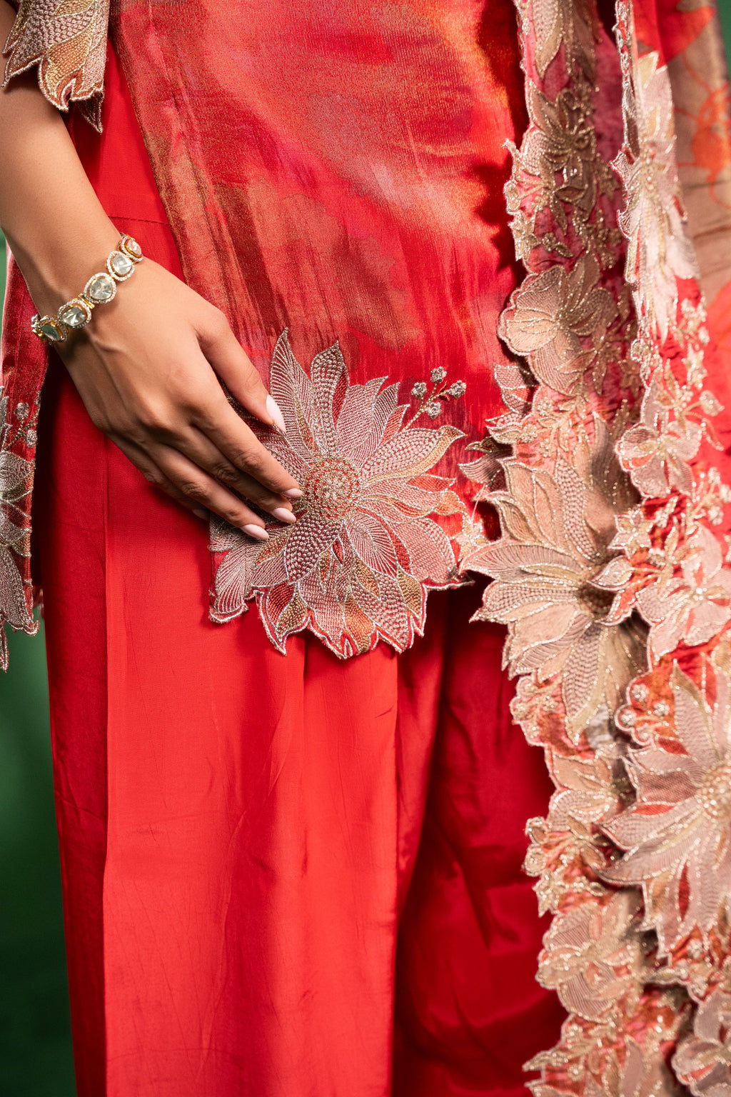 Aas Tissue Embroidered Red A-Line Kurta with Farsi Salwar