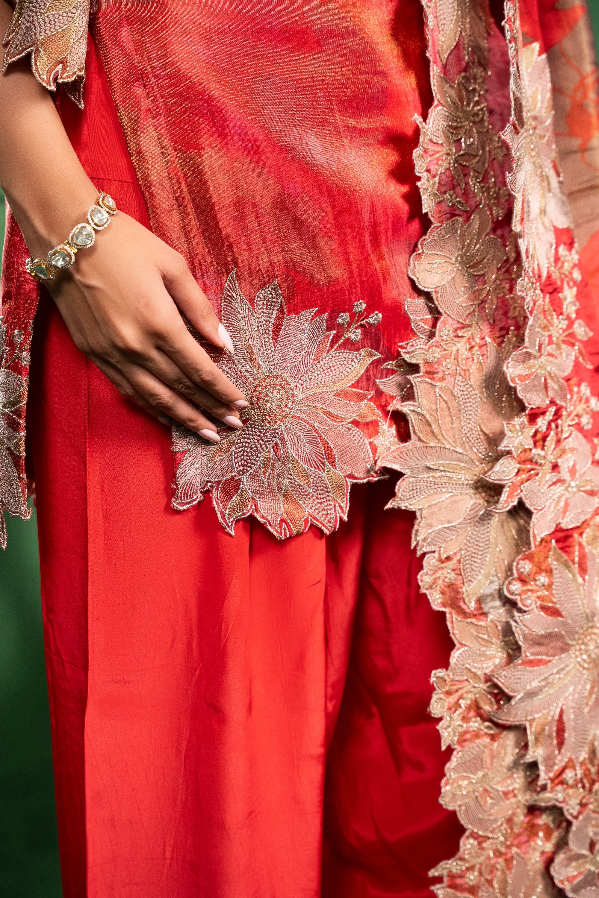 Aas Tissue Embroidered Red A-Line Kurta with Farsi Salwar
