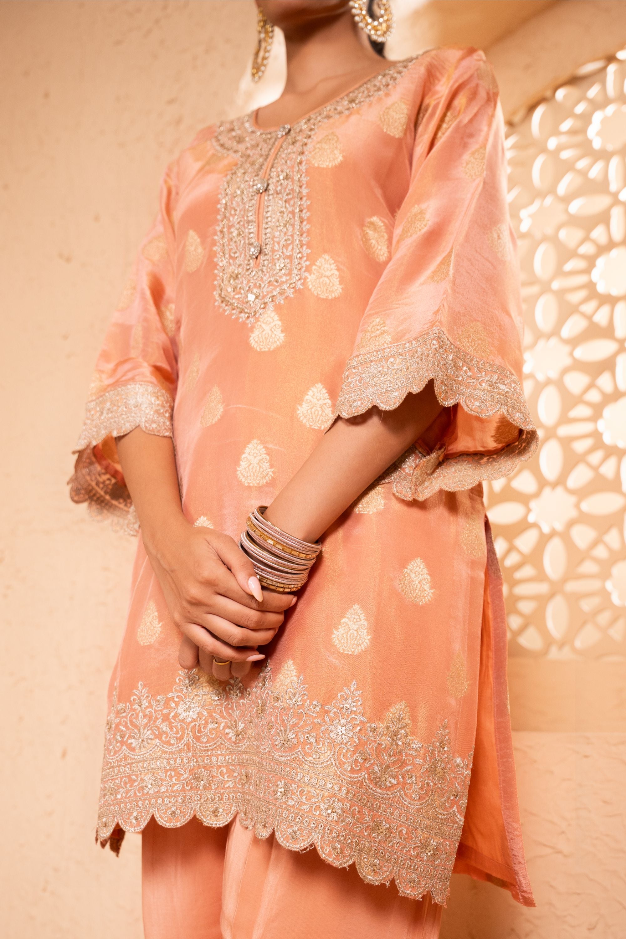 Isvan Tissue Embroidered Peach A-Line Suit Set