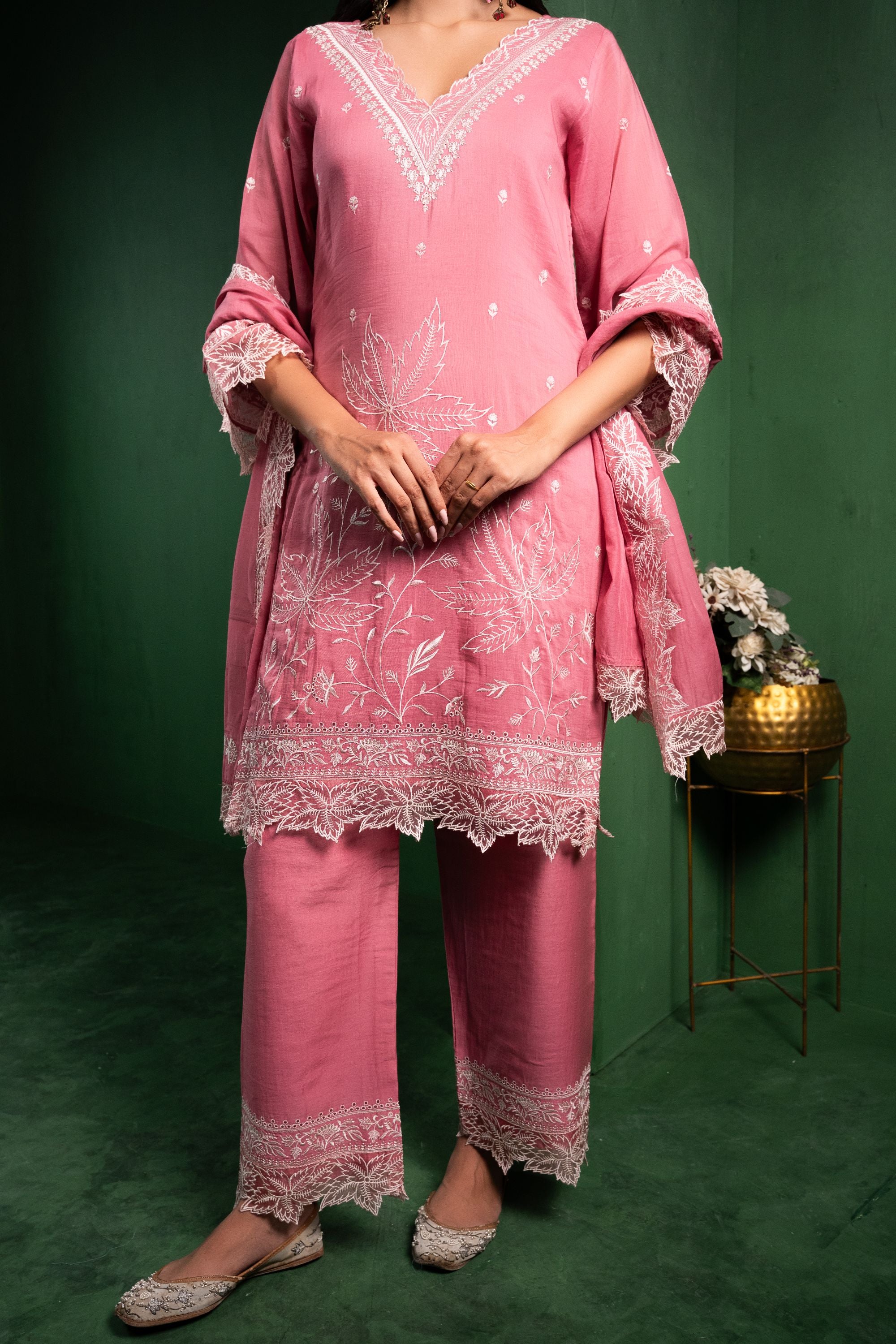 Ruh Mul Chanderi Embroidered Baby Pink A-Line Suit Set
