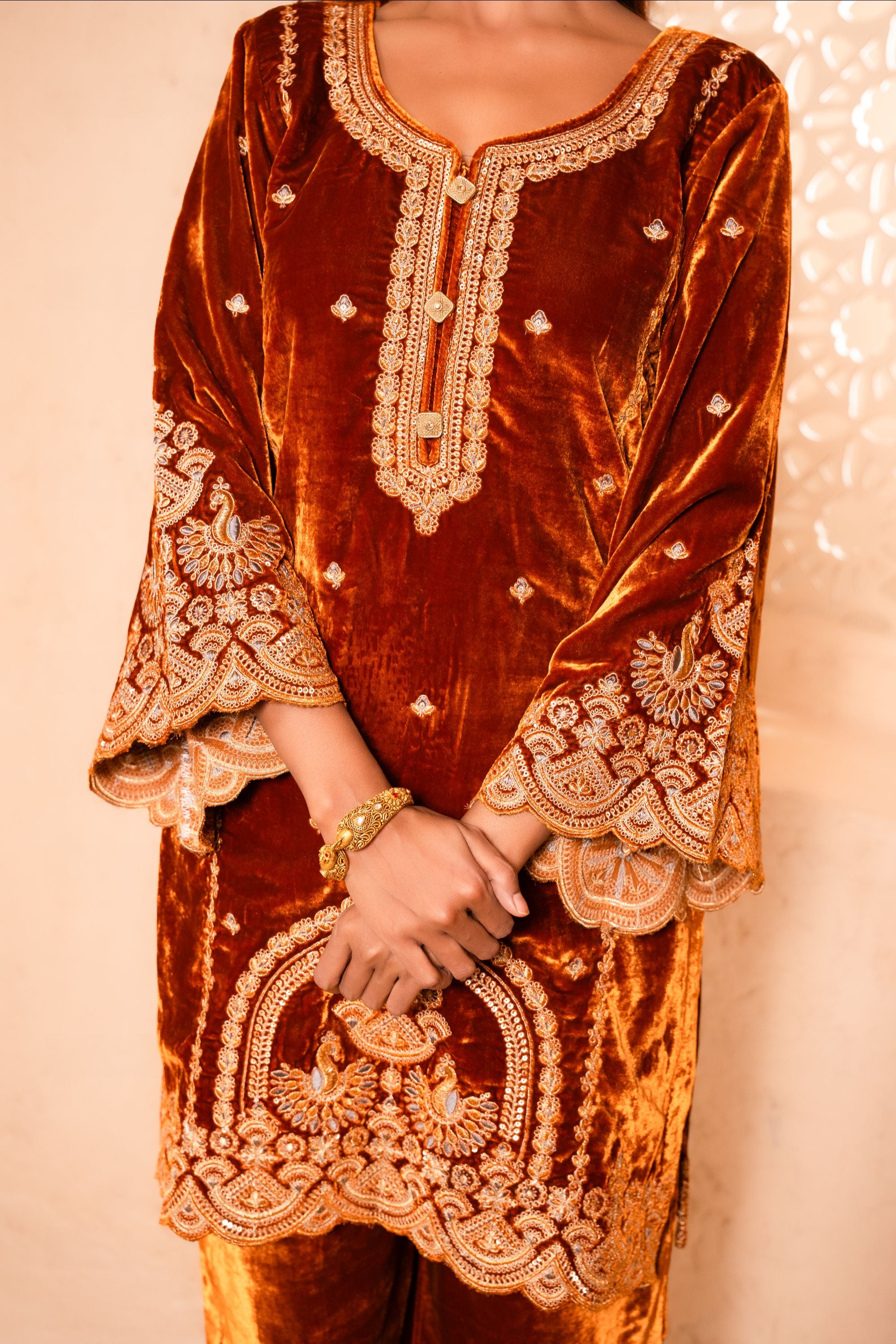Saaz Silk Velvet Embroidered Rust A-Line Suit Set