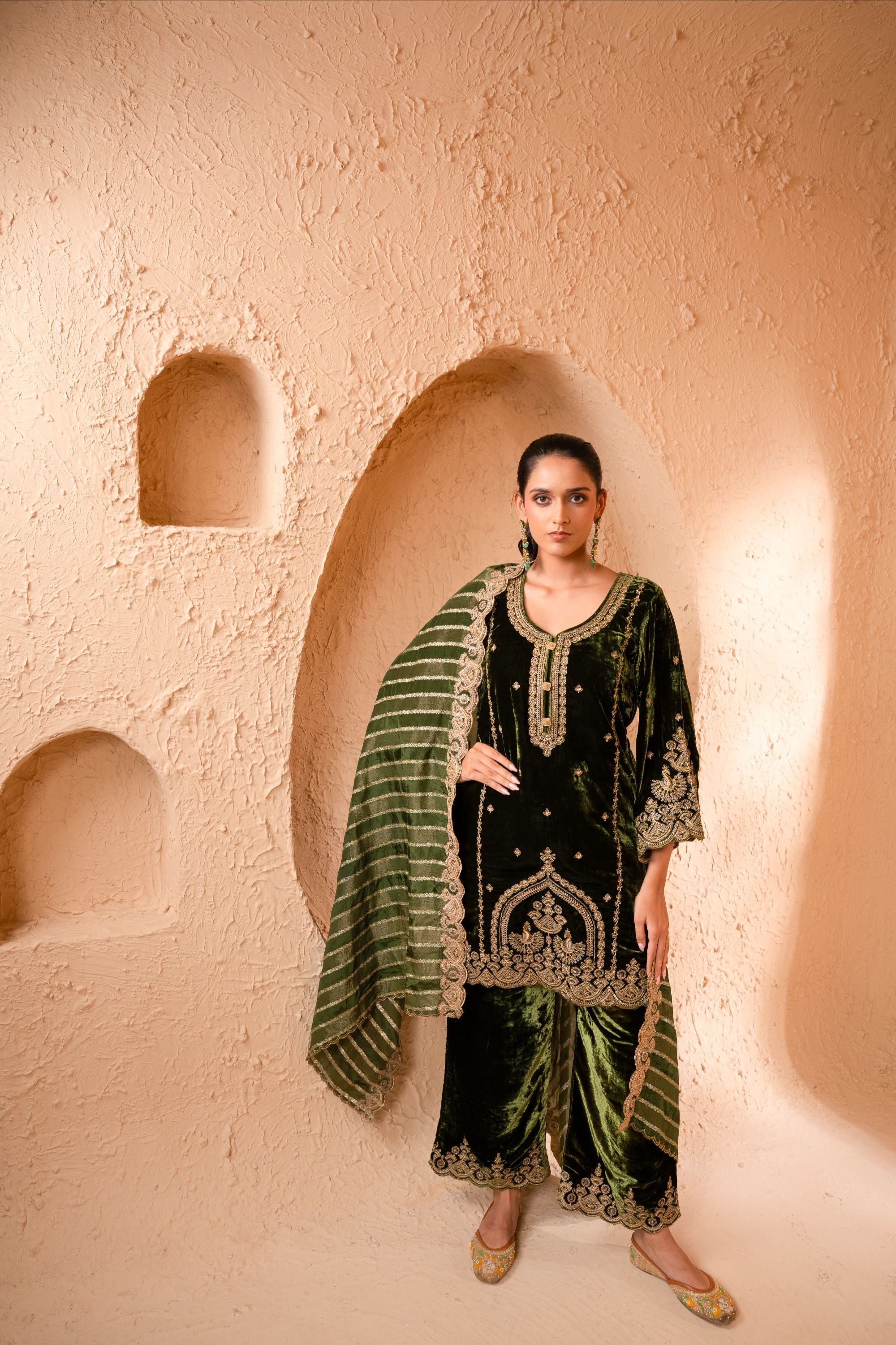 Saaz Silk Velvet Embroidered Mehndi Green A-Line Suit Set