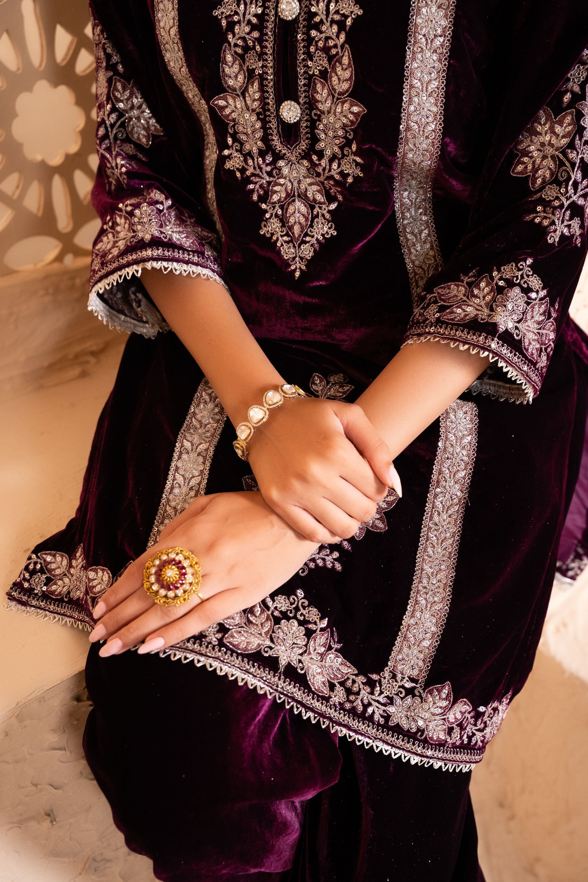 Zariya Silk Velvet Embroidered Wine A-Line Suit Set