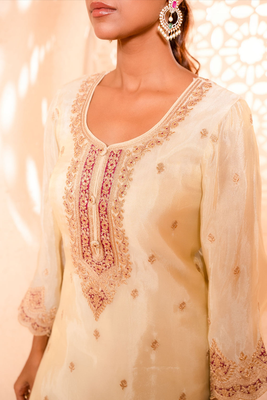 Sargi Tissue Embroidered Cream A-Line Suit Set