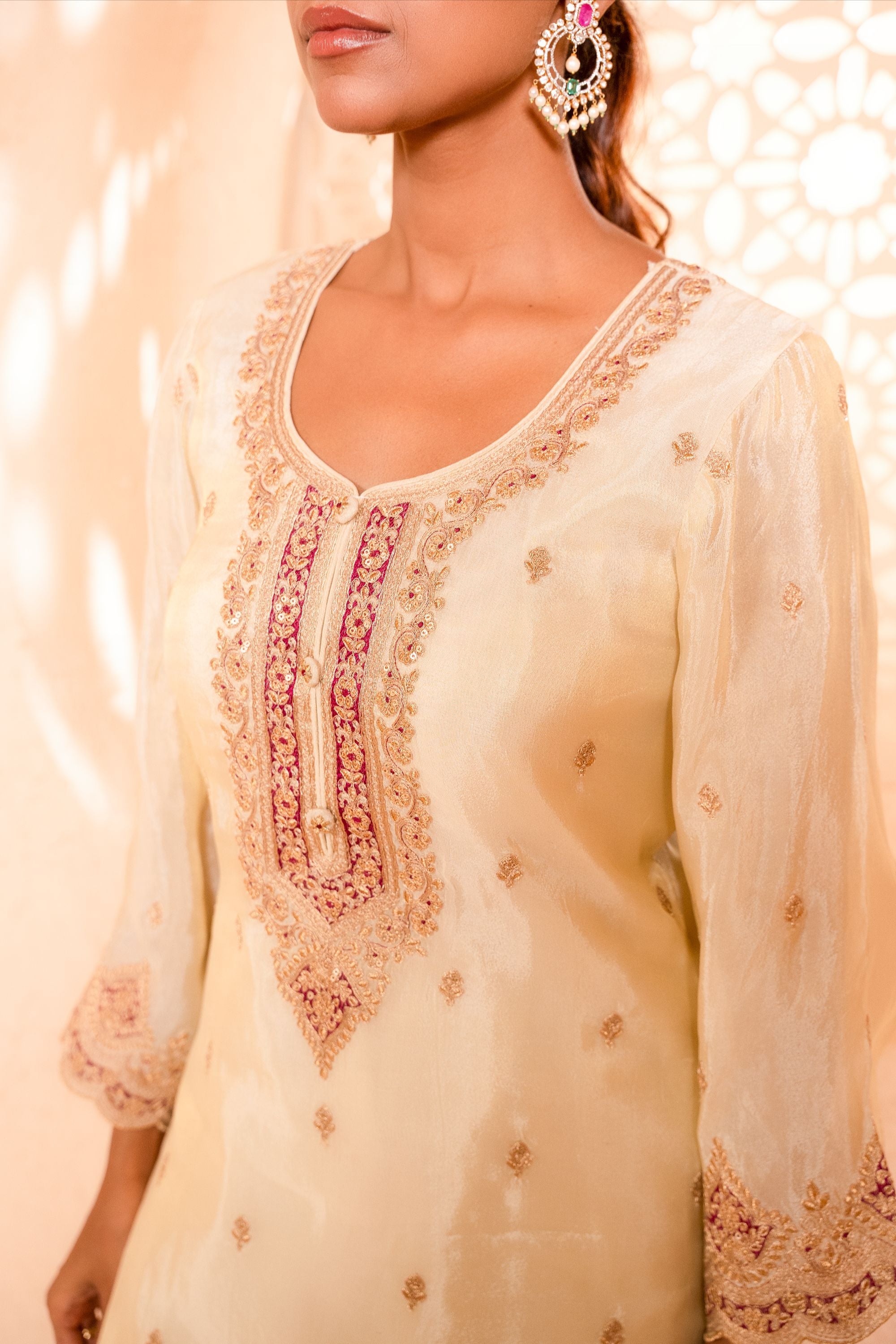 Sargi Tissue Embroidered Cream A-Line Suit Set