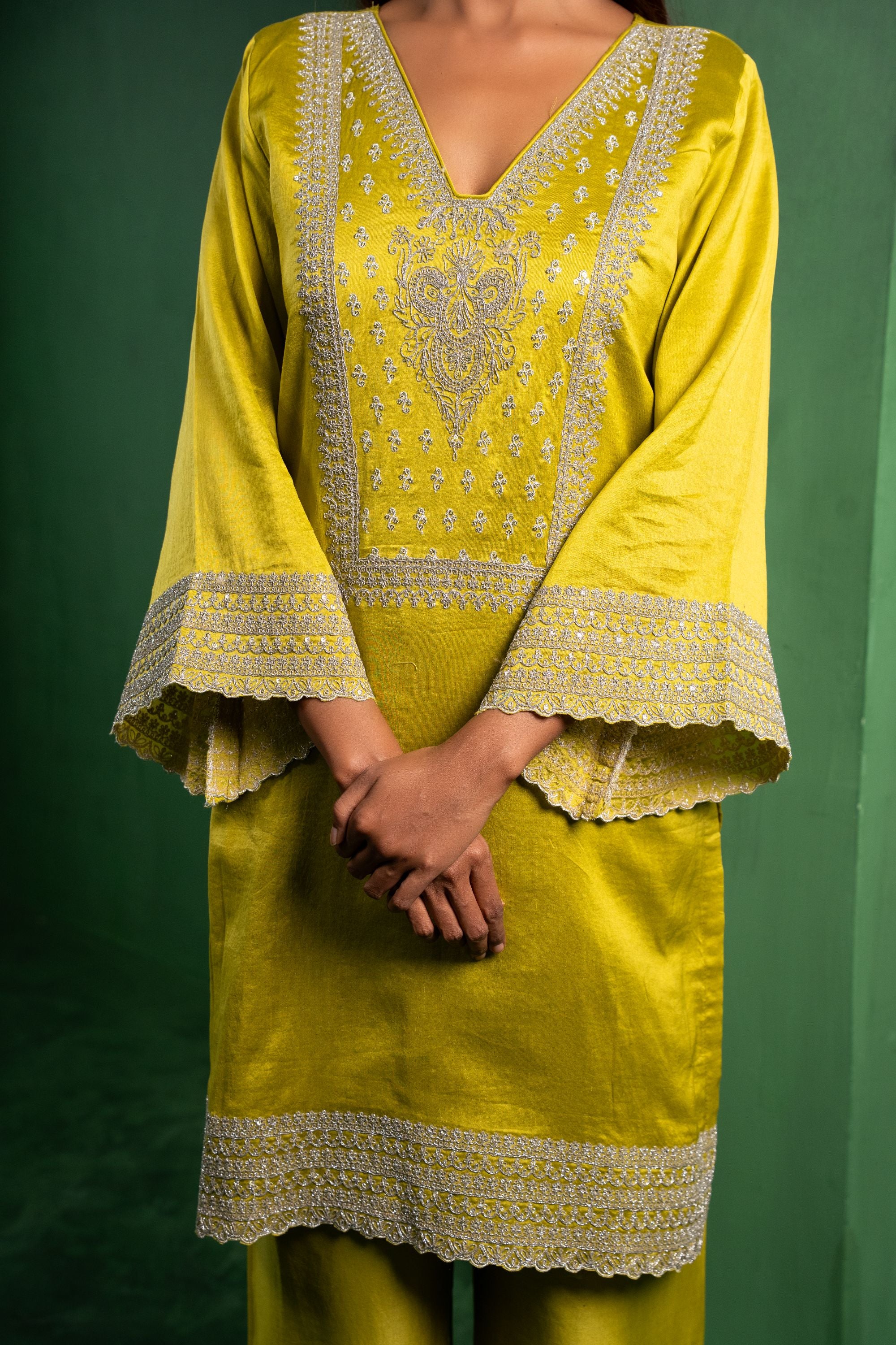 Ehsaas Silk Chanderi Embroidered Lime Green A-Line Suit Set