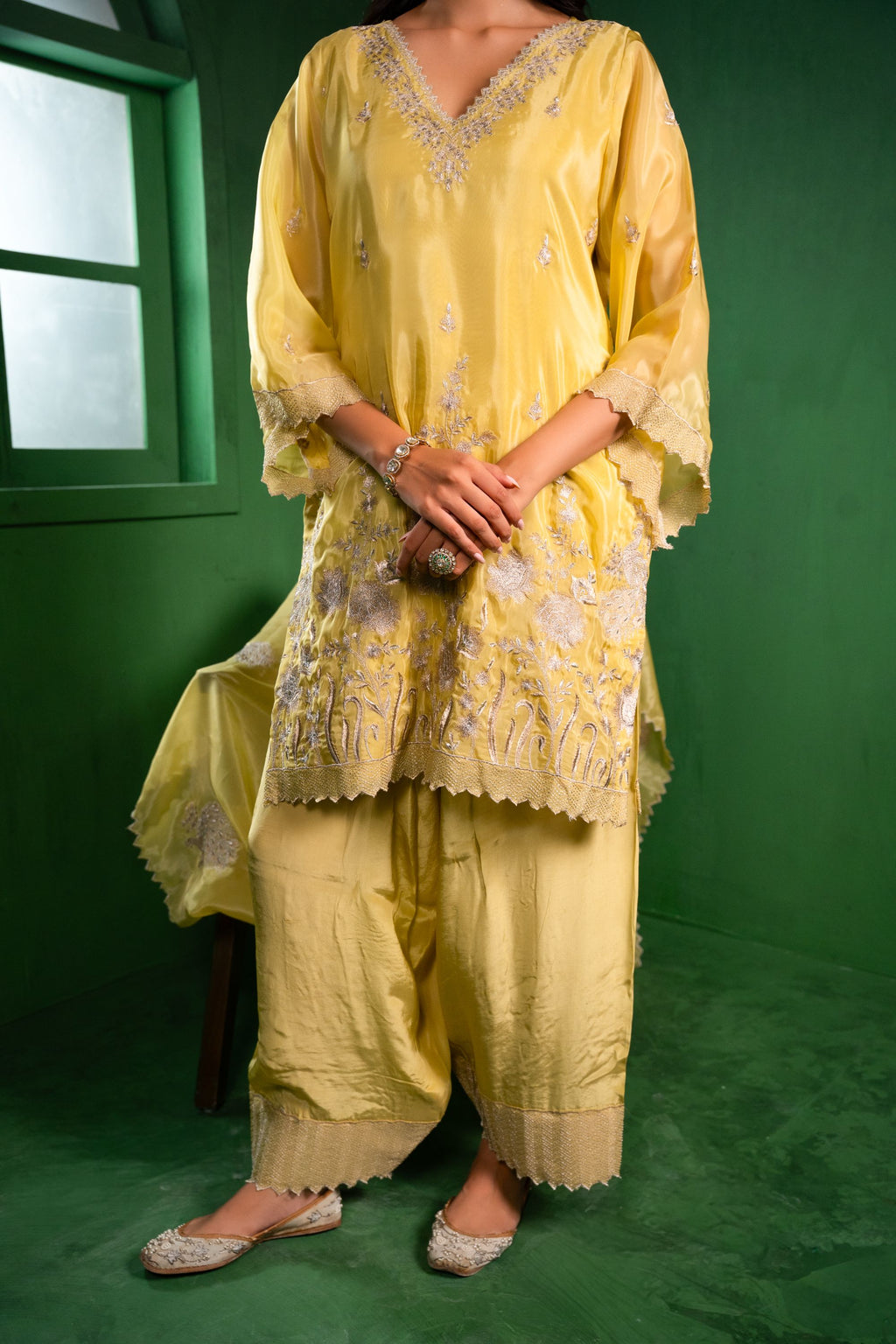 Rang Organza Embroidered Yellow A-Line Kurta with Farsi Salwar