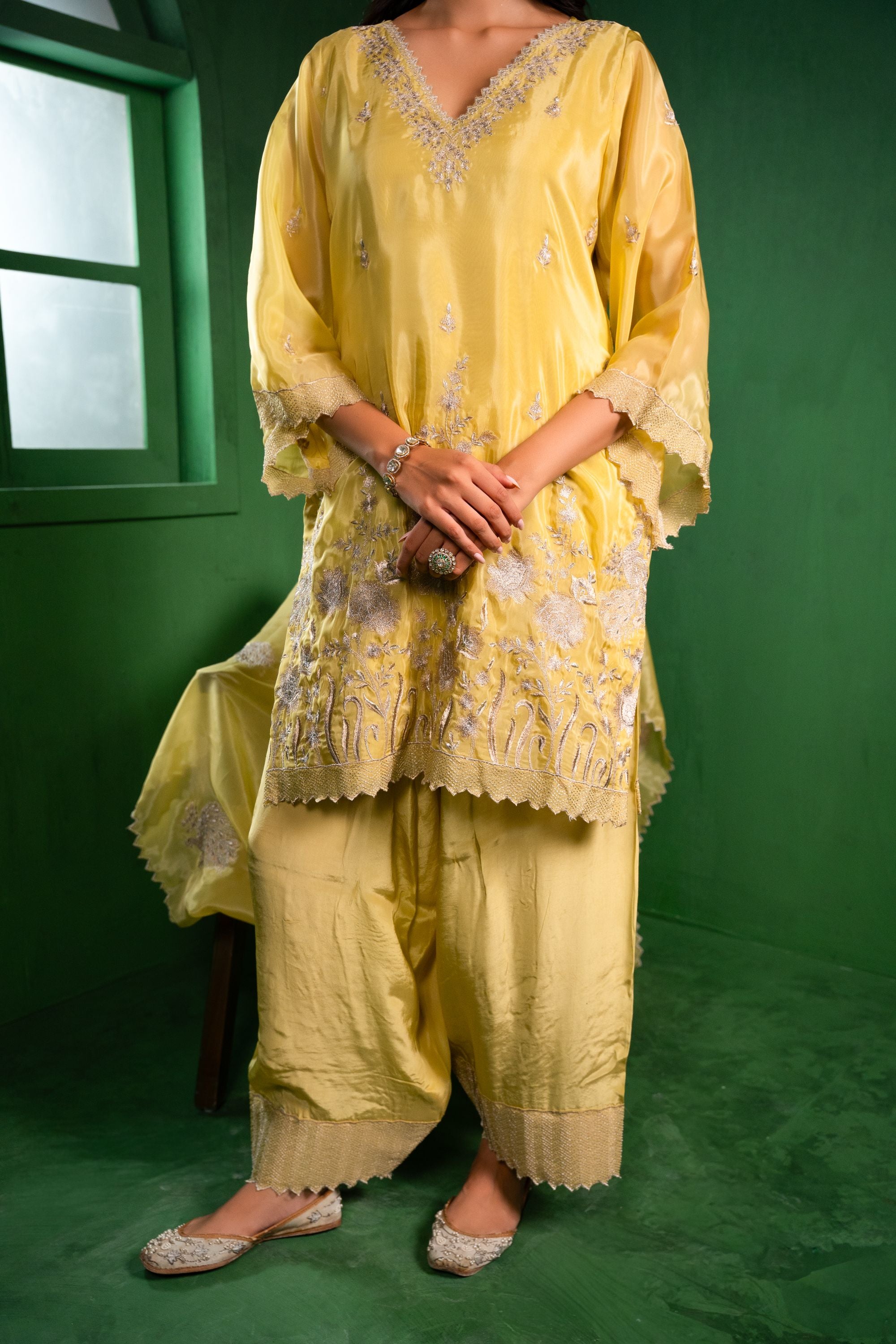 Rang Organza Embroidered Yellow A-Line Kurta with Farsi Salwar
