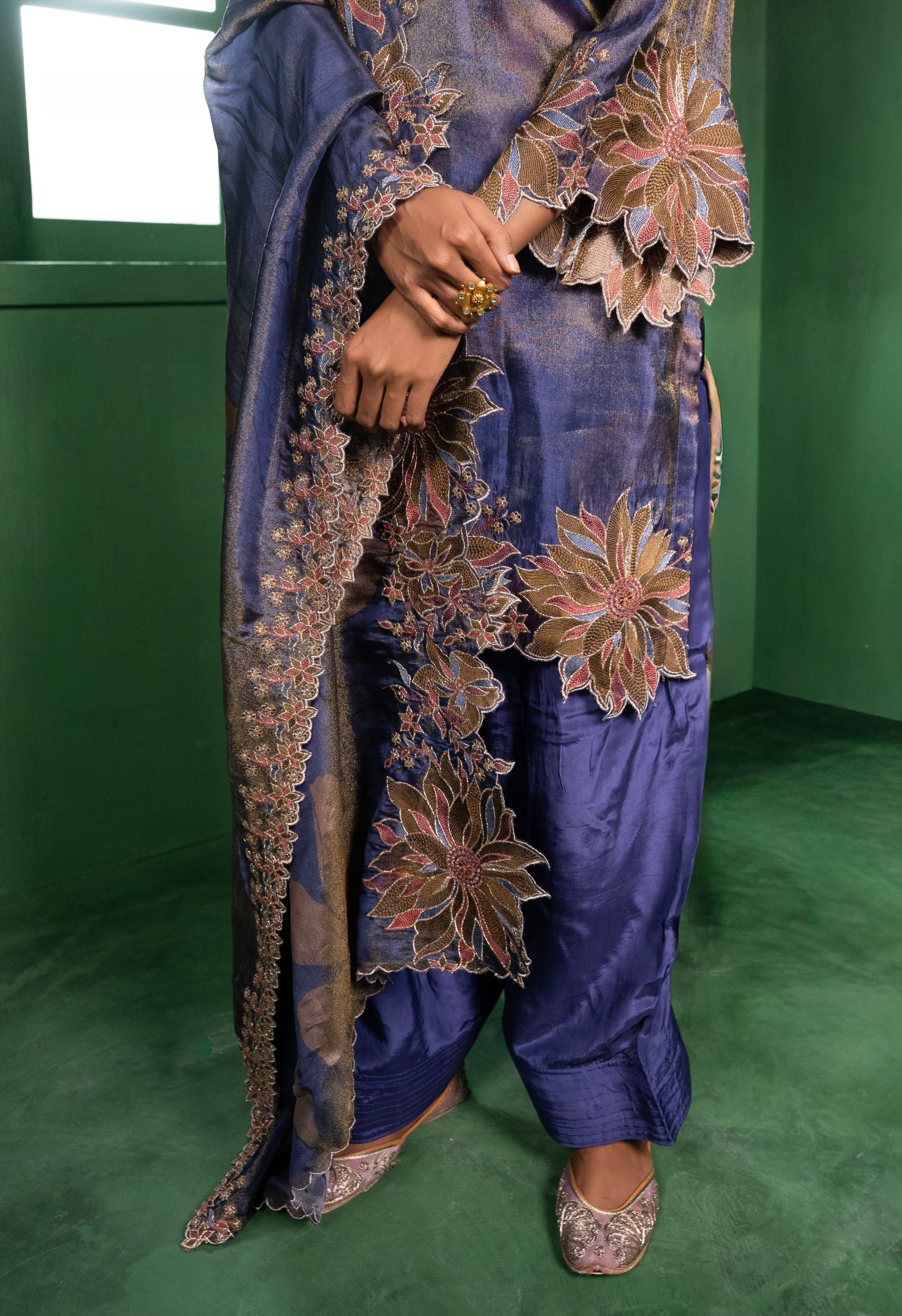 Aas Tissue Embroidered Violet A-Line Kurta with Farsi Salwar