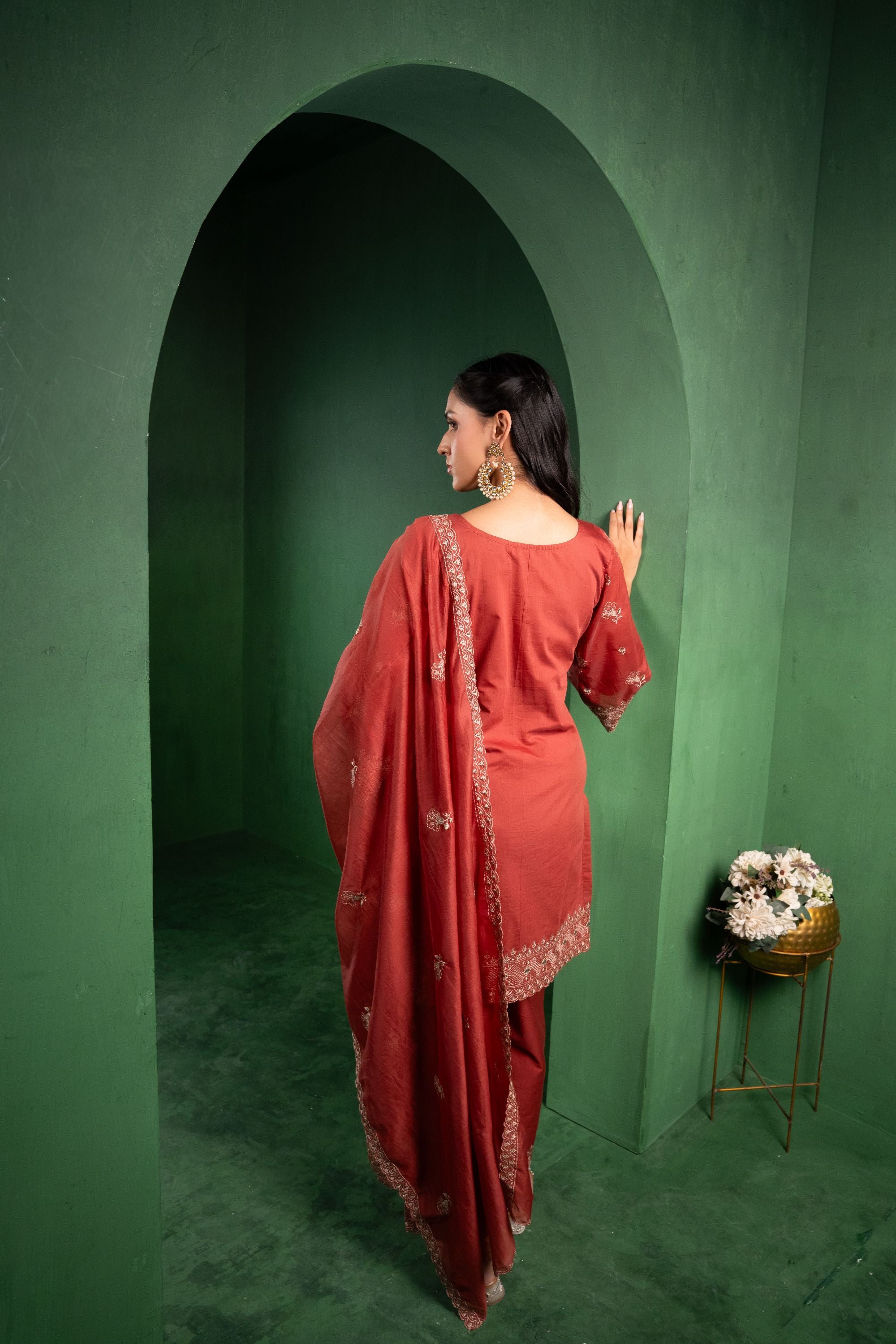 Noor Chanderi Embroidered Rust A-Line Suit Set