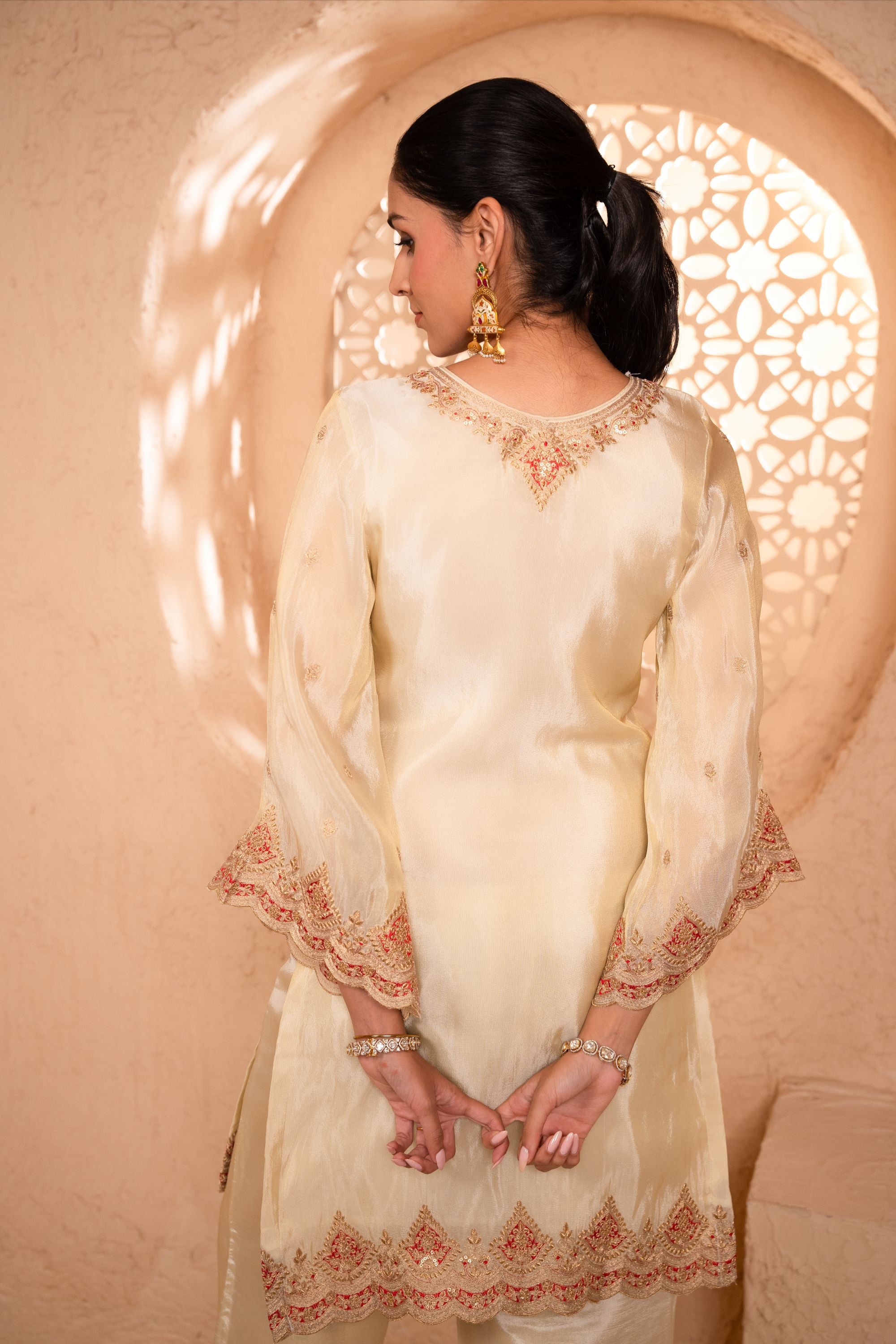 Sargi Tissue Embroidered Cream A-Line Suit Set