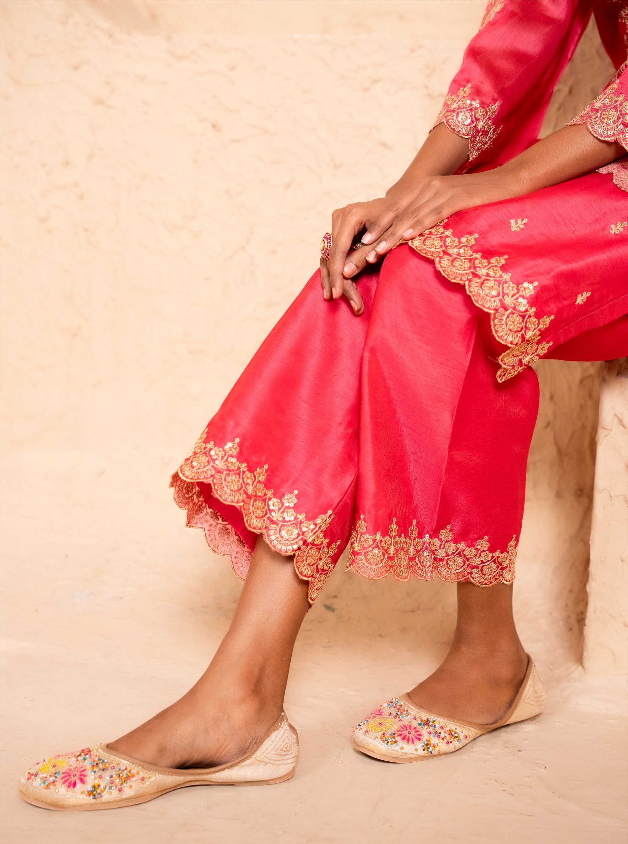 Khwaab Chanderi Embroidered Bright Pink A-Line Suit Set