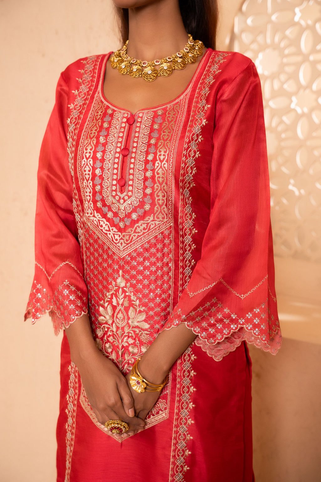 Sanjh Chanderi Embroidered Red A-Line Suit Set