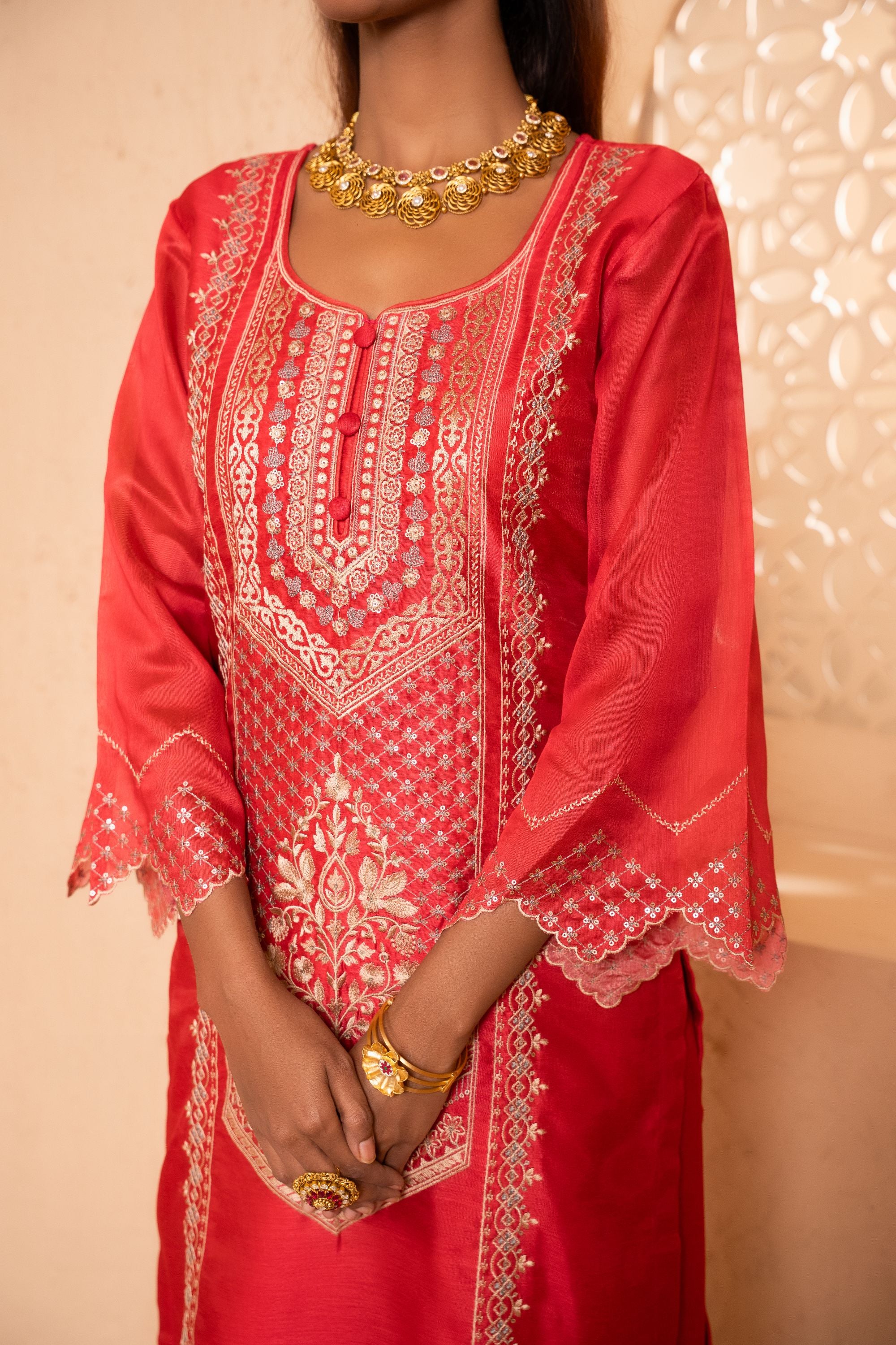 Sanjh Chanderi Embroidered Red A-Line Suit Set
