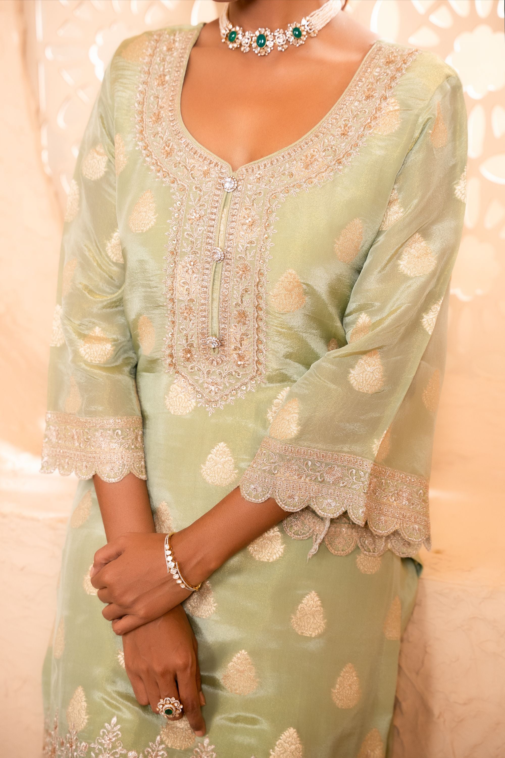 Isvan Tissue Embroidered Green A-Line Suit Set