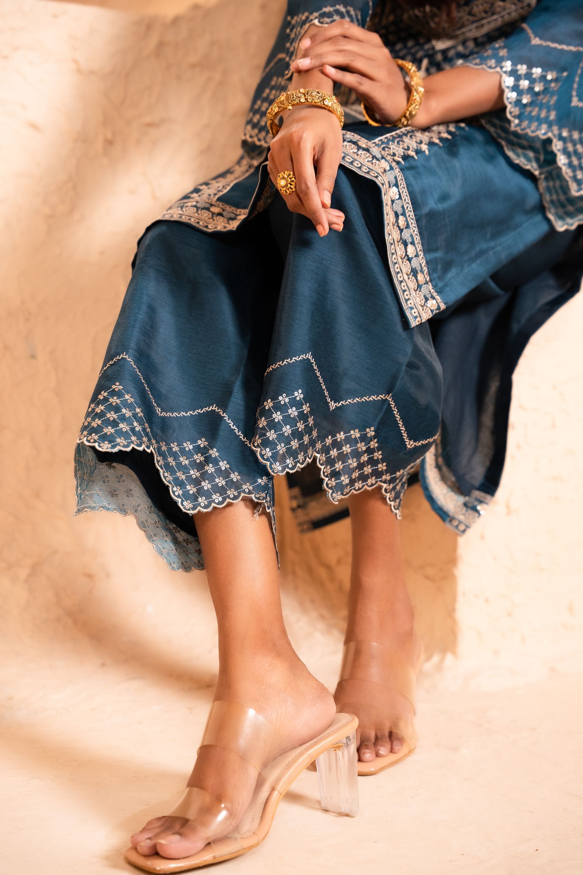Sanjh Chanderi Embroidered Navy Blue A-Line Suit Set